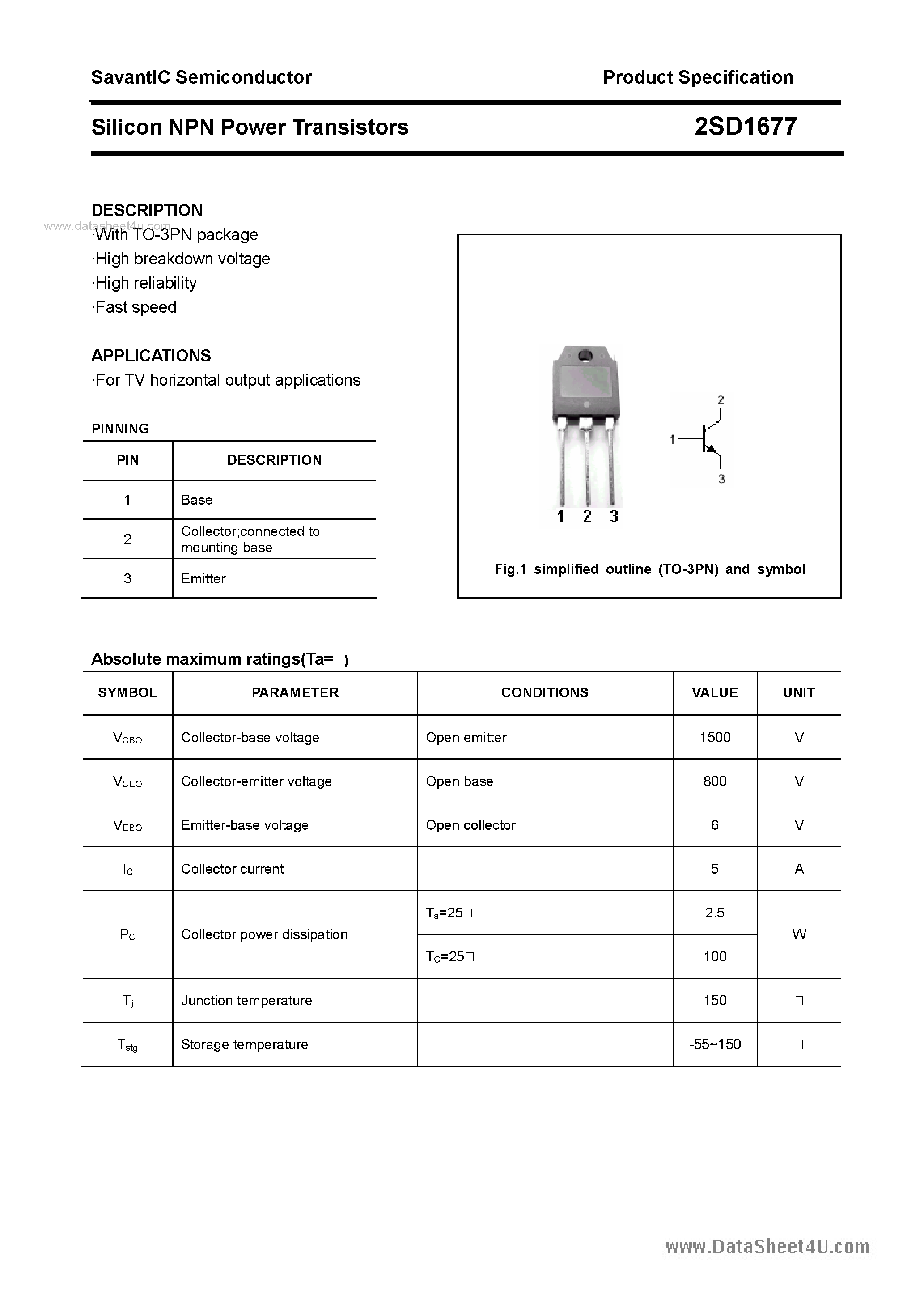 Datasheet 2SD1677 - SILICON POWER TRANSISTOR page 1