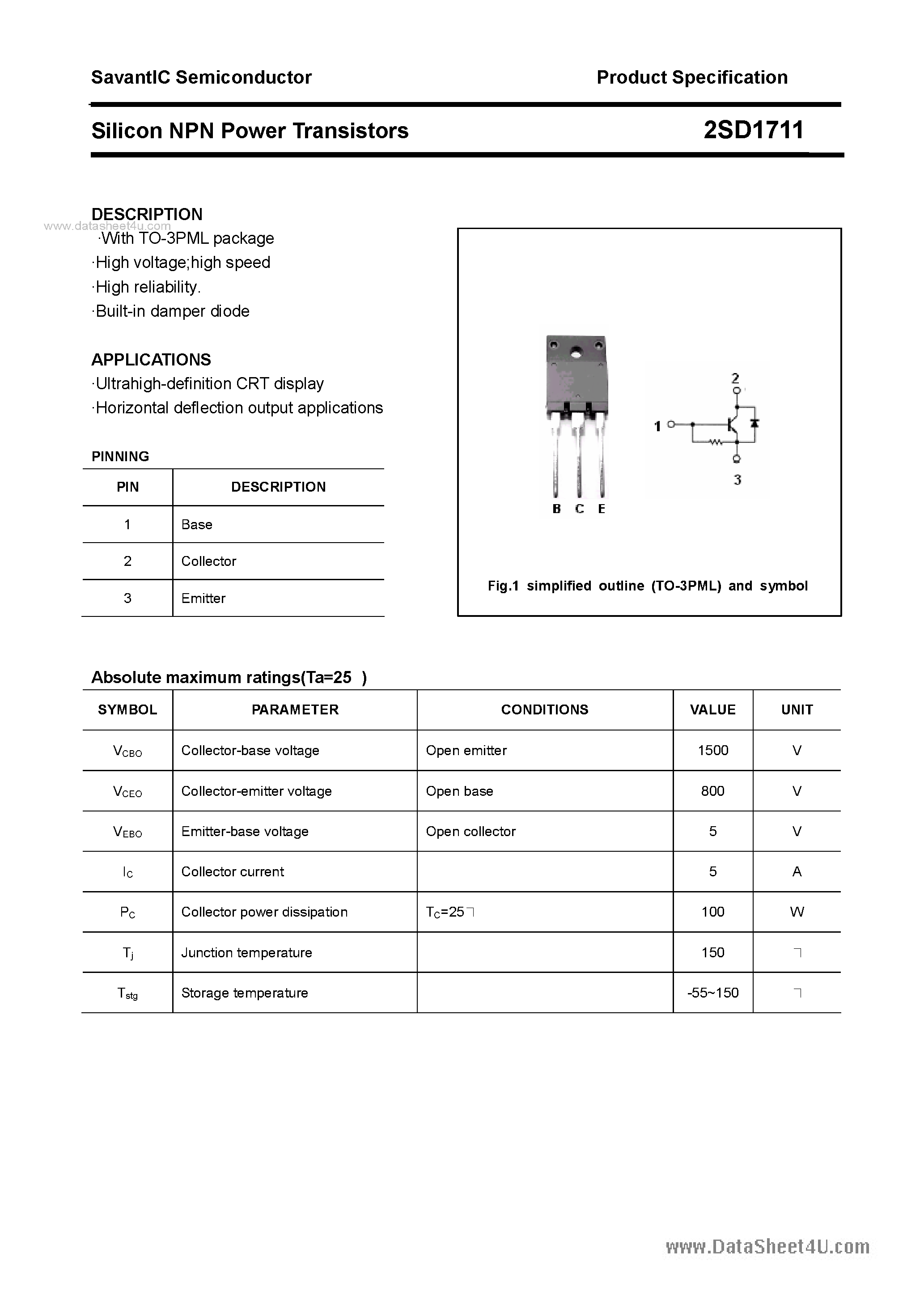 Datasheet 2SD1711 - SILICON POWER TRANSISTOR page 1