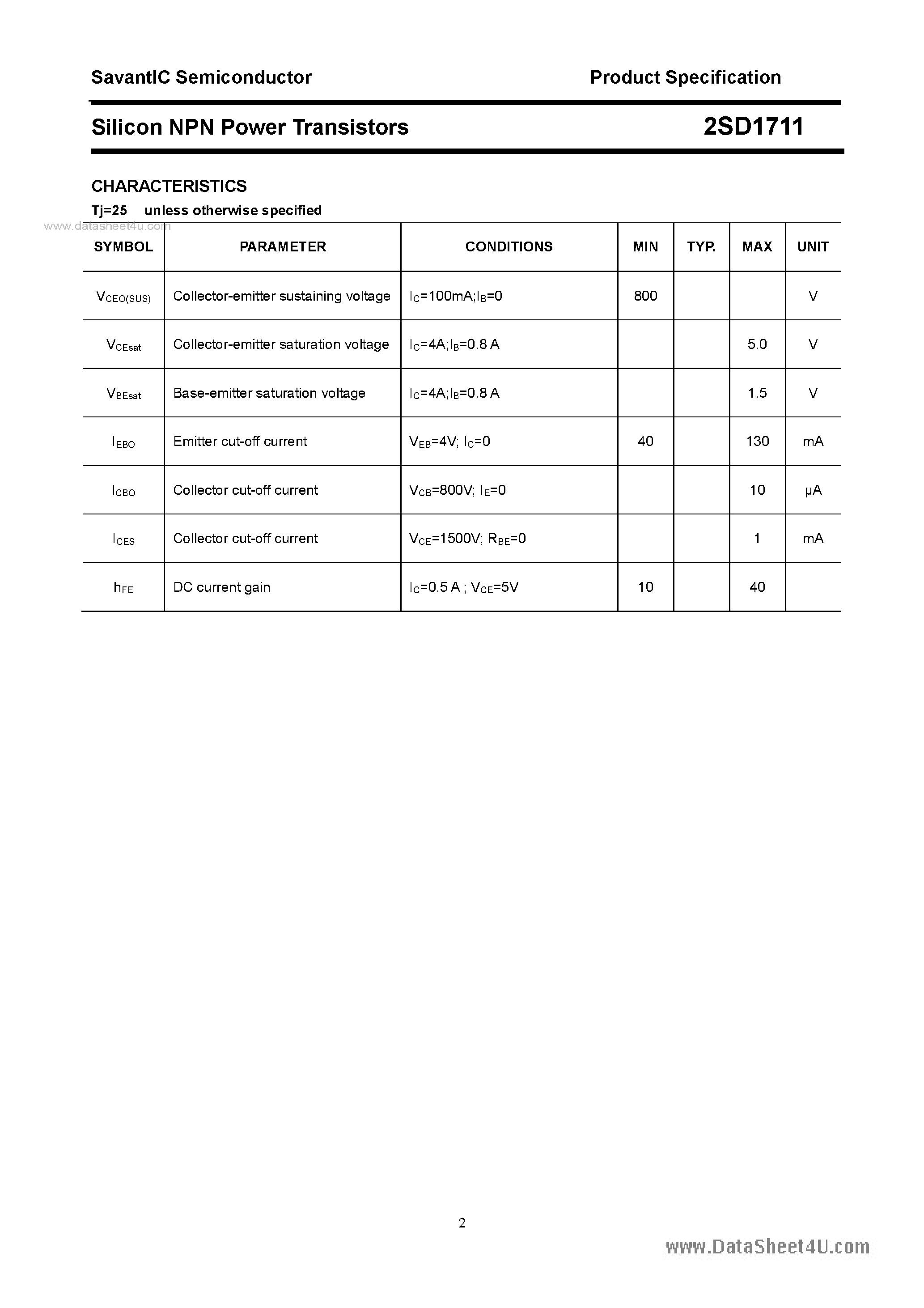 Datasheet 2SD1711 - SILICON POWER TRANSISTOR page 2