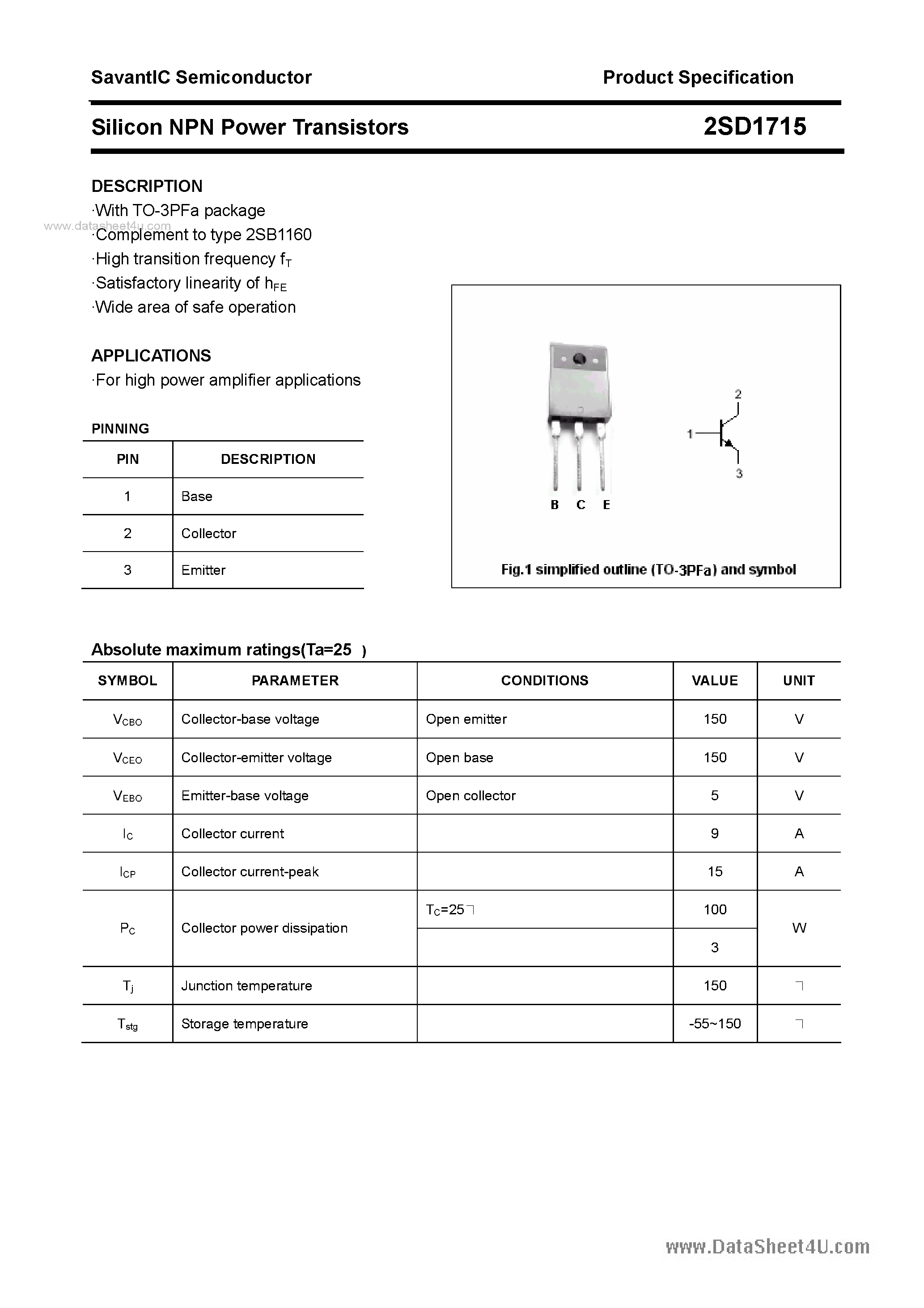 Datasheet 2SD1715 - SILICON POWER TRANSISTOR page 1