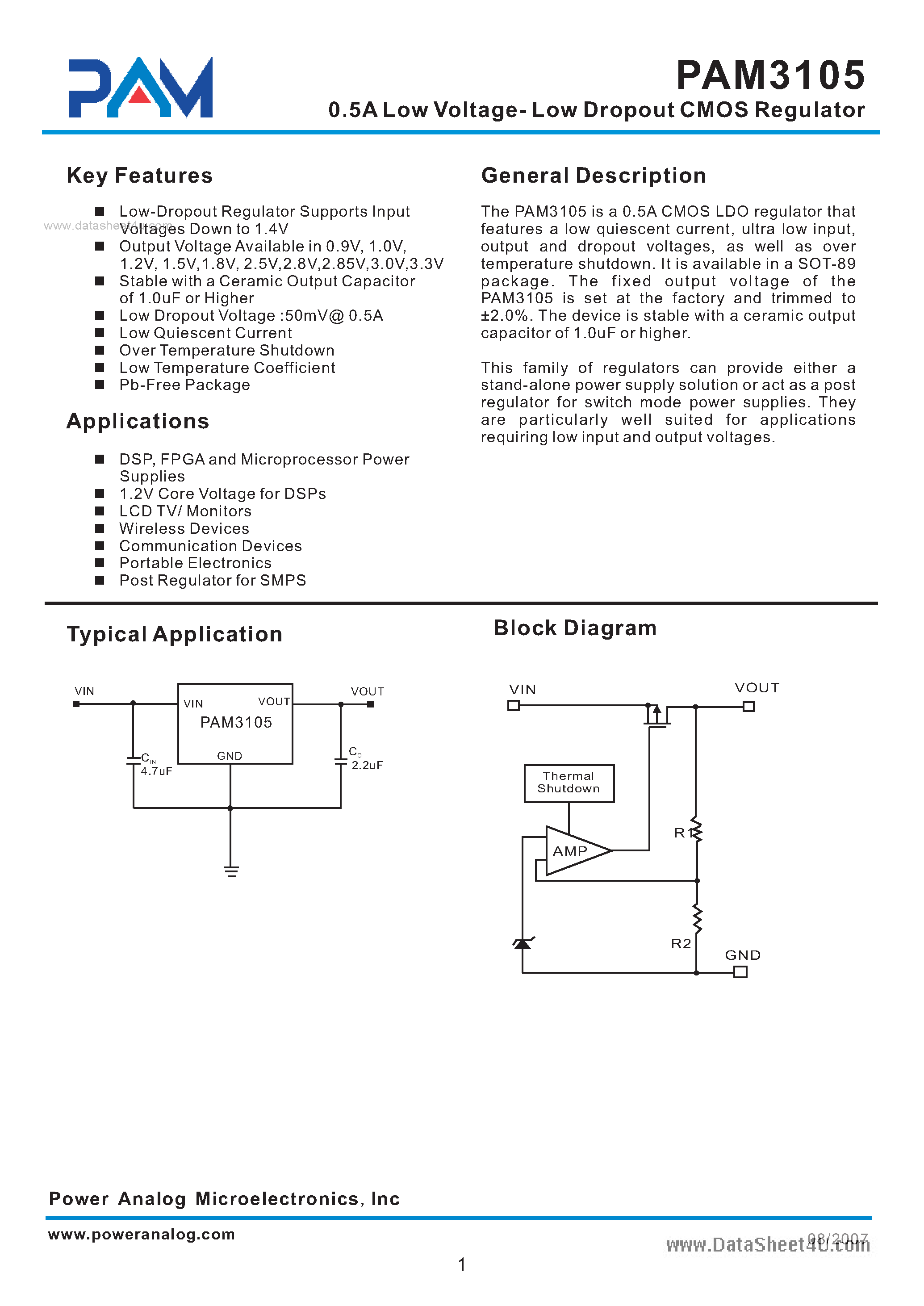 Datasheet PAM3105 - 0.5A Low Voltage- Low Dropout CMOS Regulator page 1