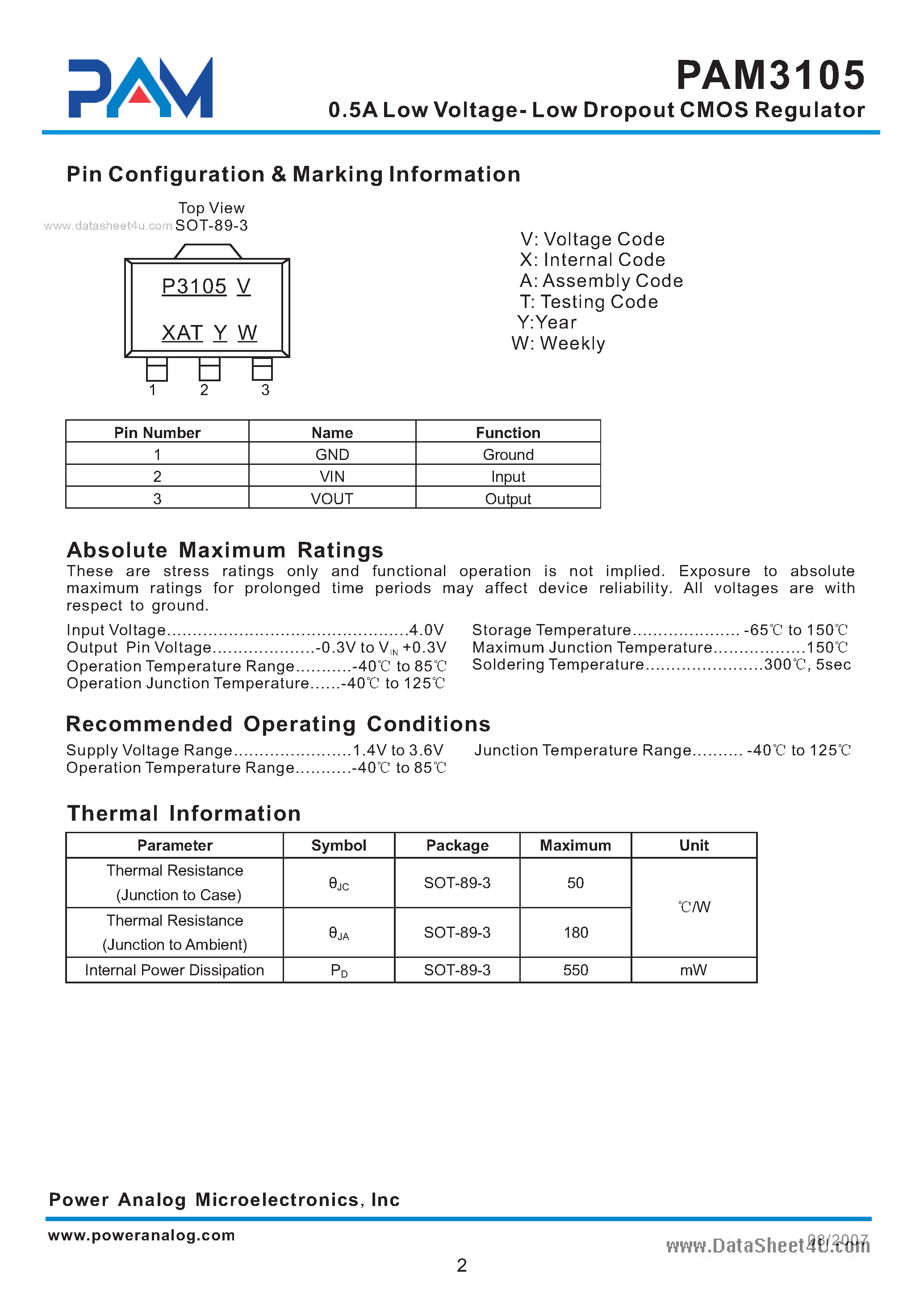 Datasheet PAM3105 - 0.5A Low Voltage- Low Dropout CMOS Regulator page 2