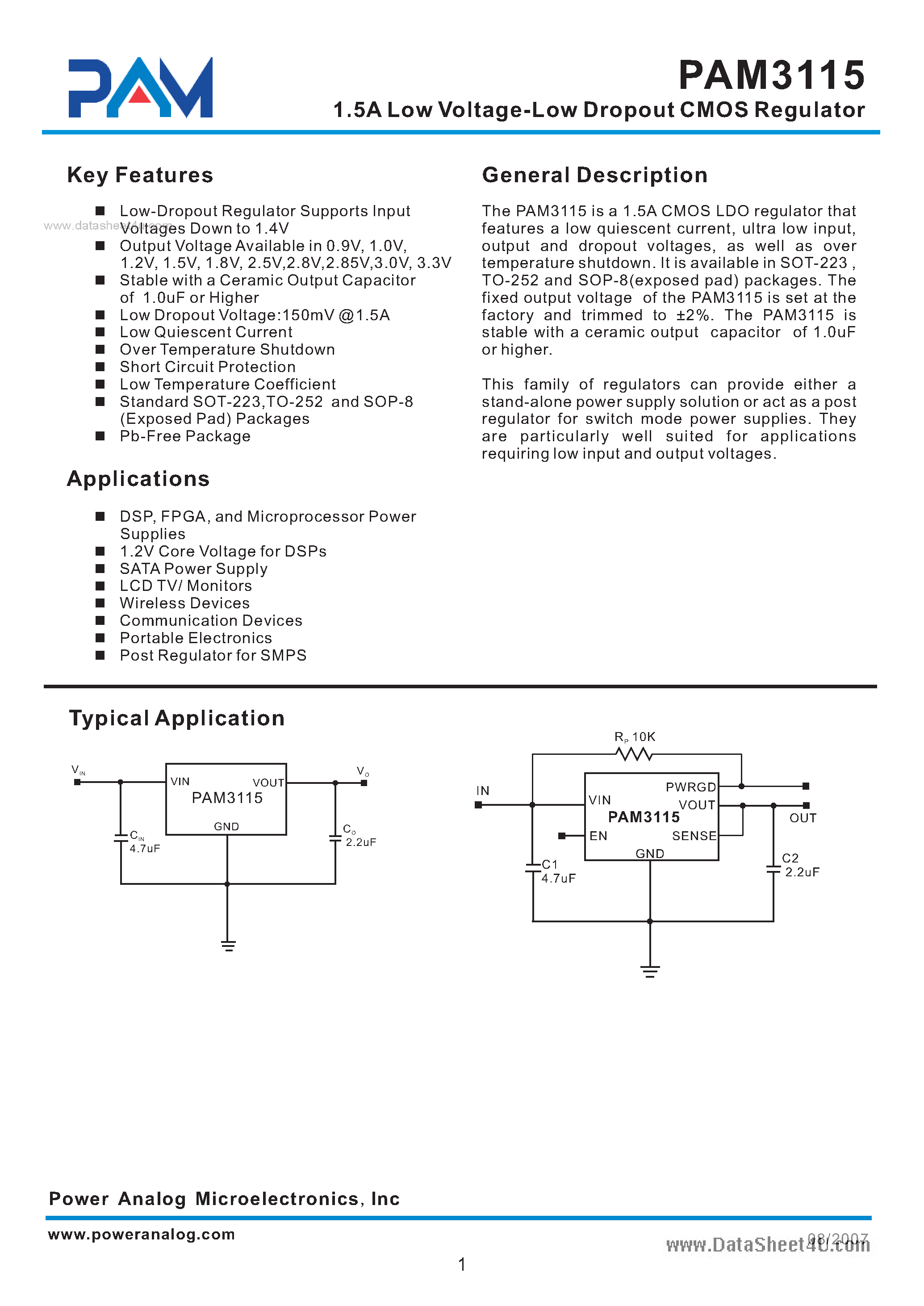Datasheet PAM3115 - 1.5A Low Voltage-Low Dropout CMOS Regulator page 1