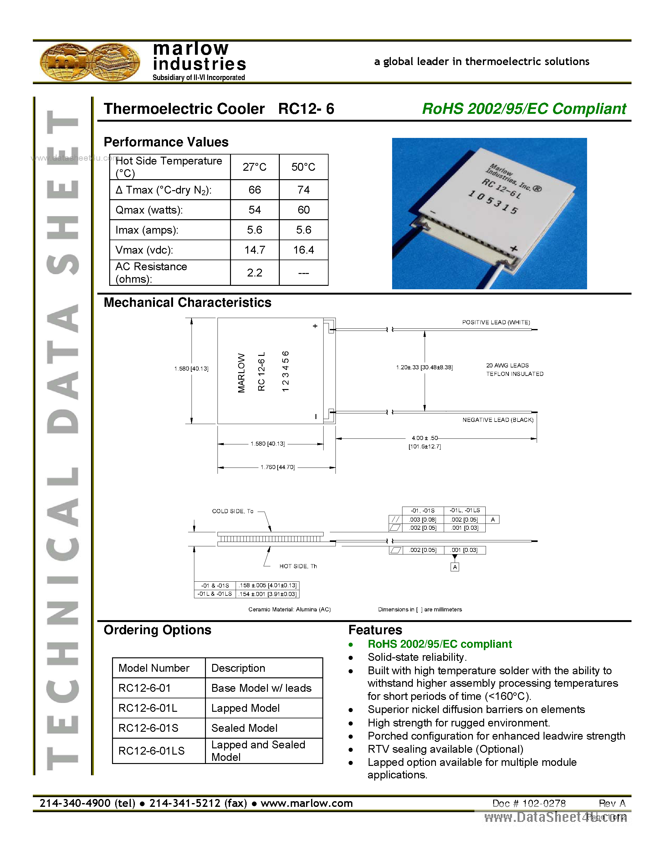 Datasheet RC12-6 - Thermoelectric Cooler page 1