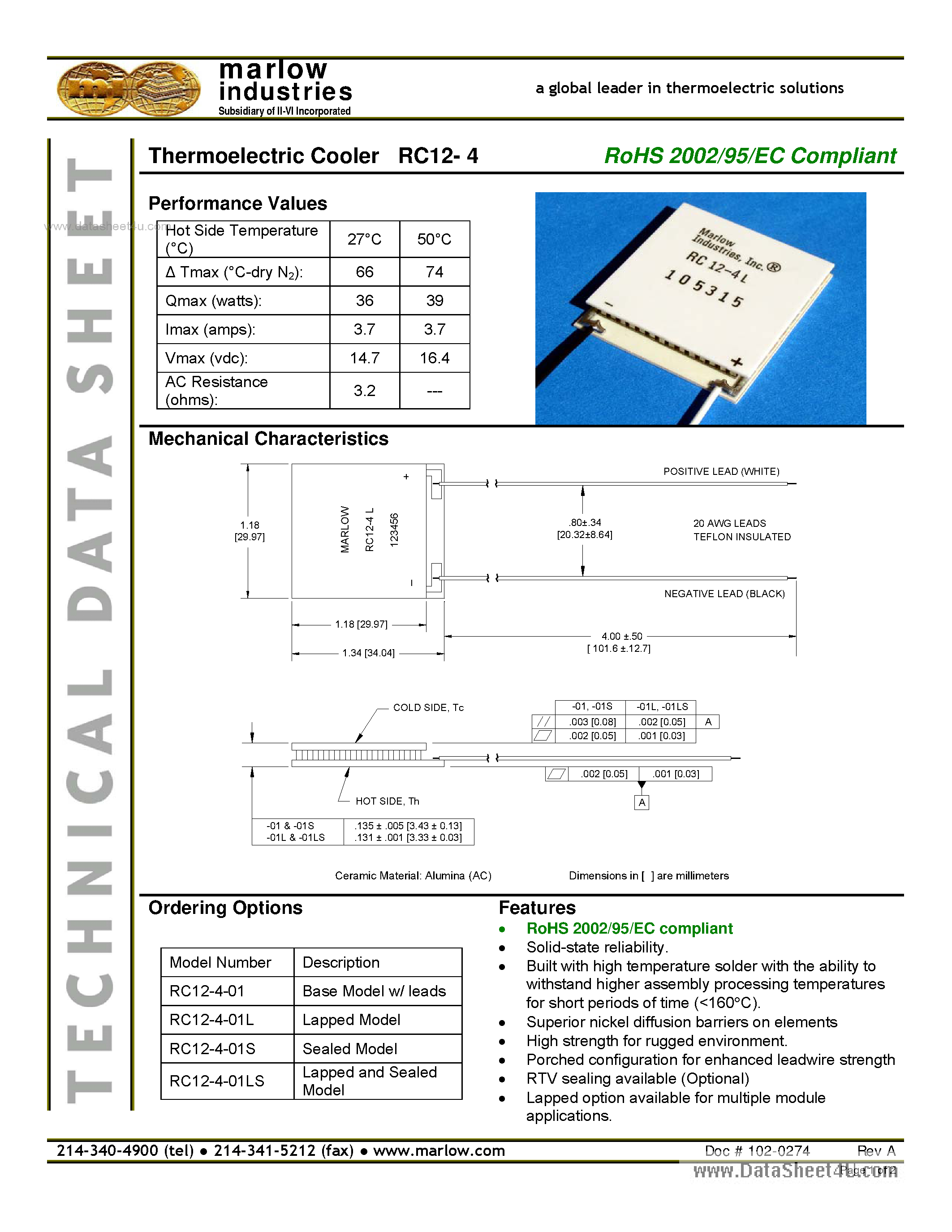 Datasheet RC12-4 - Thermoelectric Cooler page 1