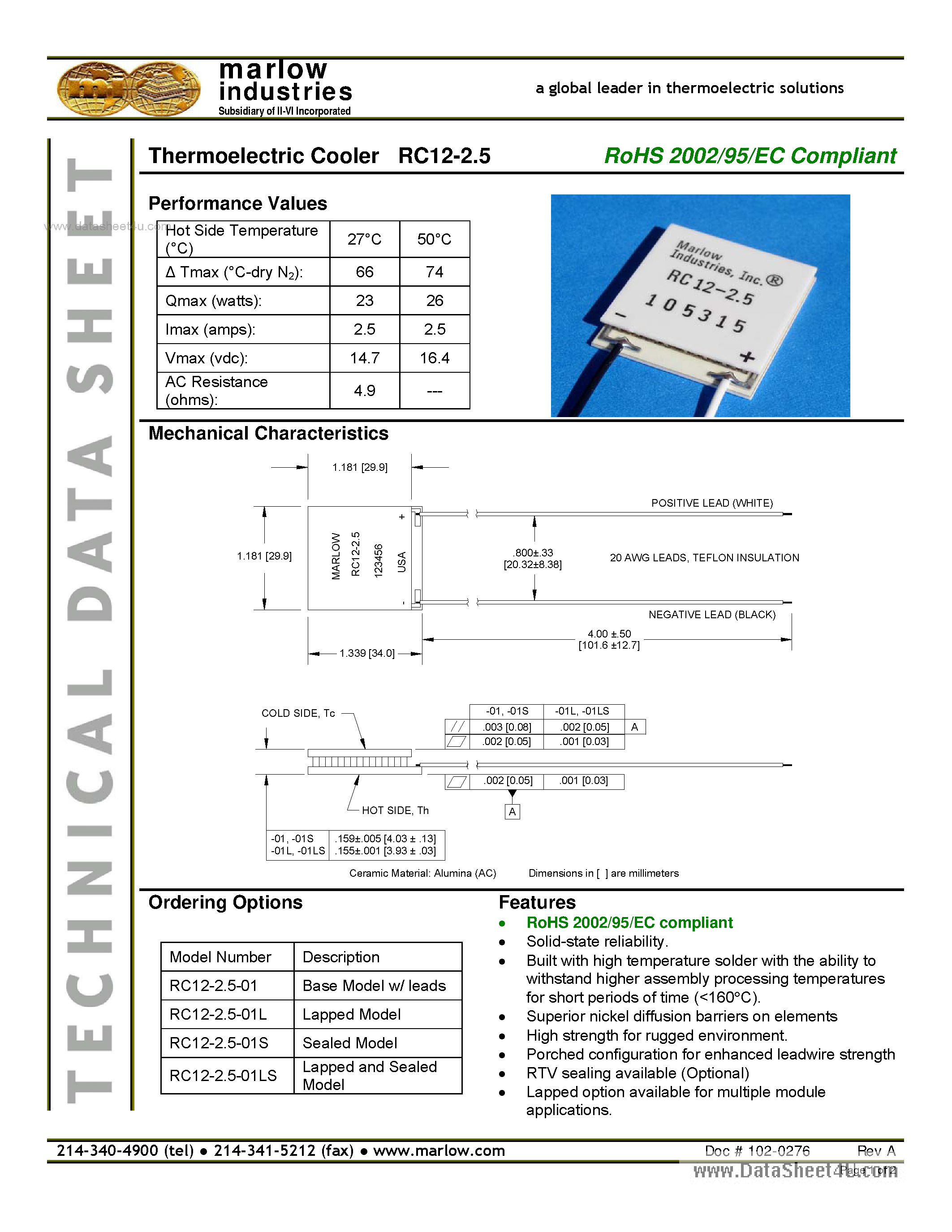 Datasheet RC12-2.5 - Thermoelectric Cooler page 1