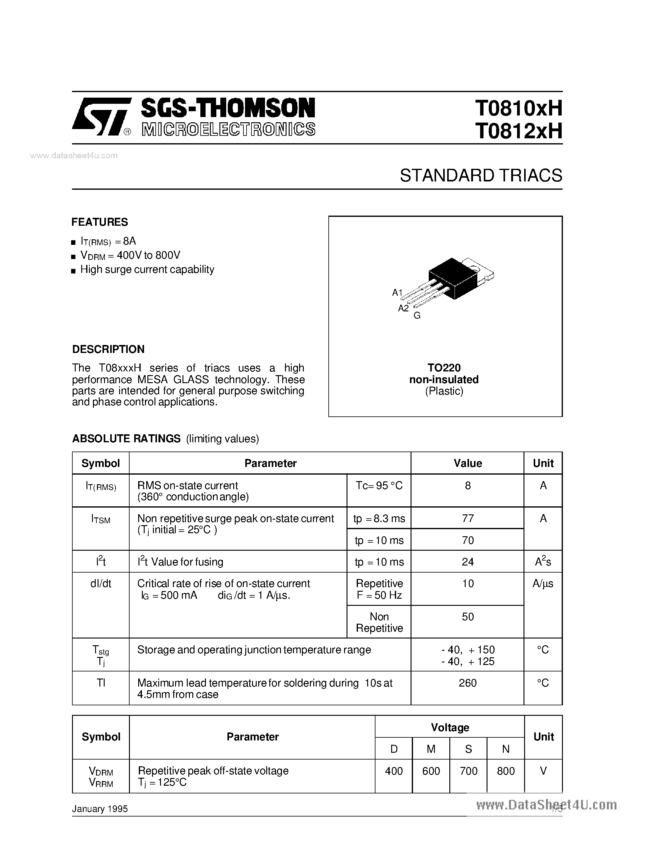 Datasheet T0810xH - (T0810xH / T0812xH) Standard Triacs page 1