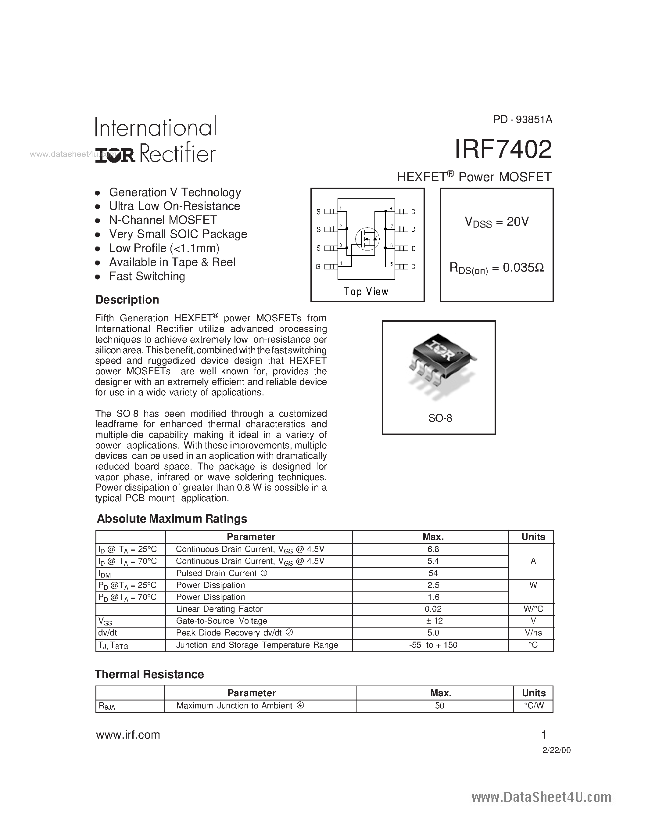 Даташит IRF7402 - HEXFET Power MOSFET страница 1
