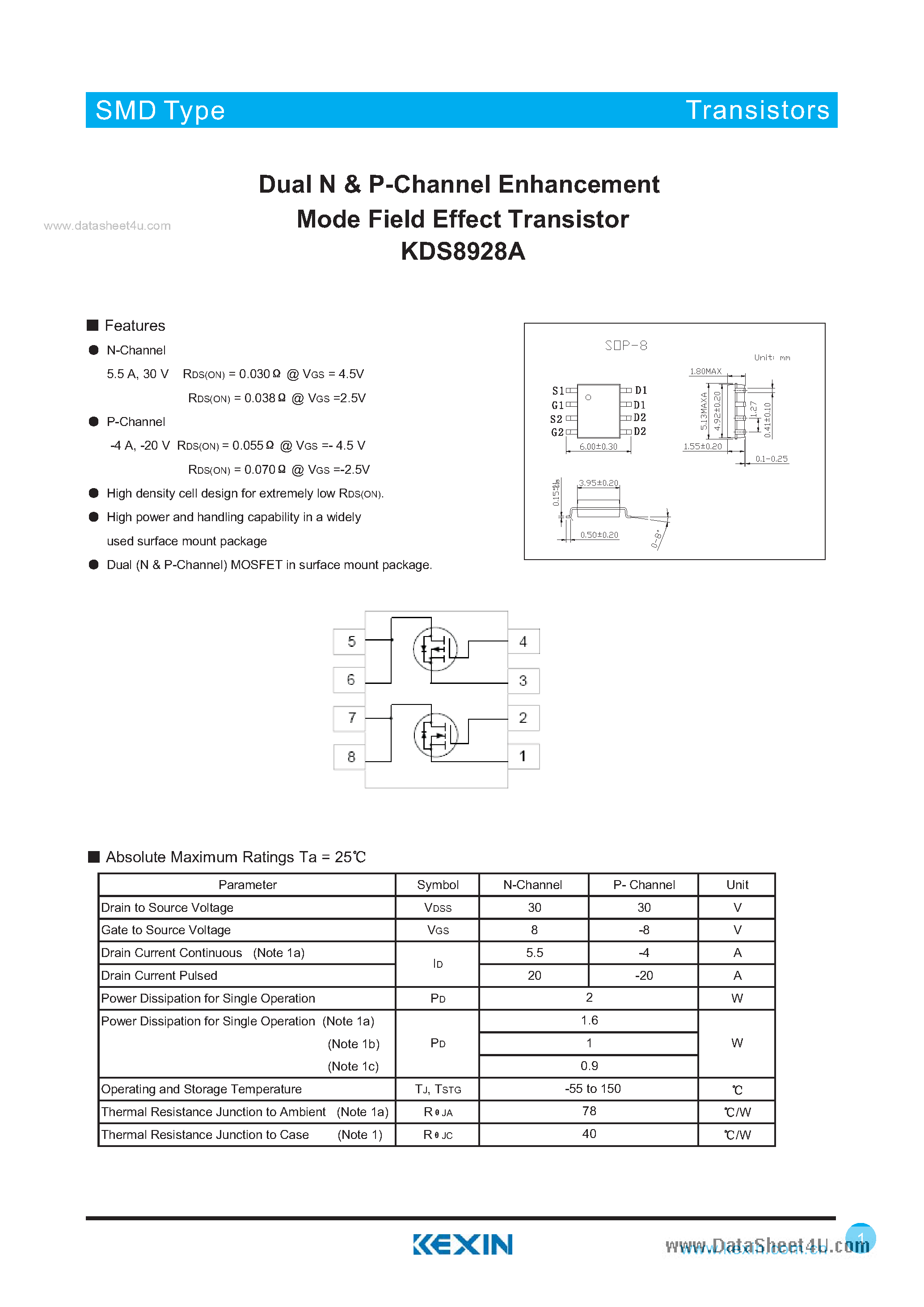 Datasheet KDS8928A - Dual N & P-Channel Enhancement Mode Field Effect Transistor page 1