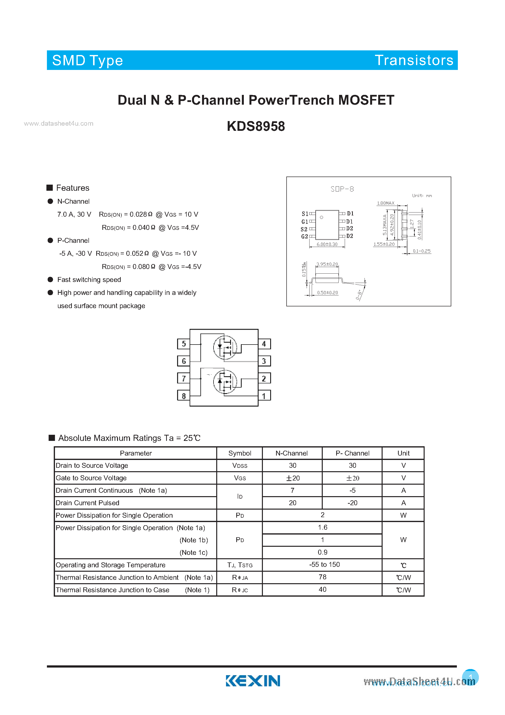 Datasheet KDS8958 - Dual N & P-Channel PowerTrench MOSFET page 1