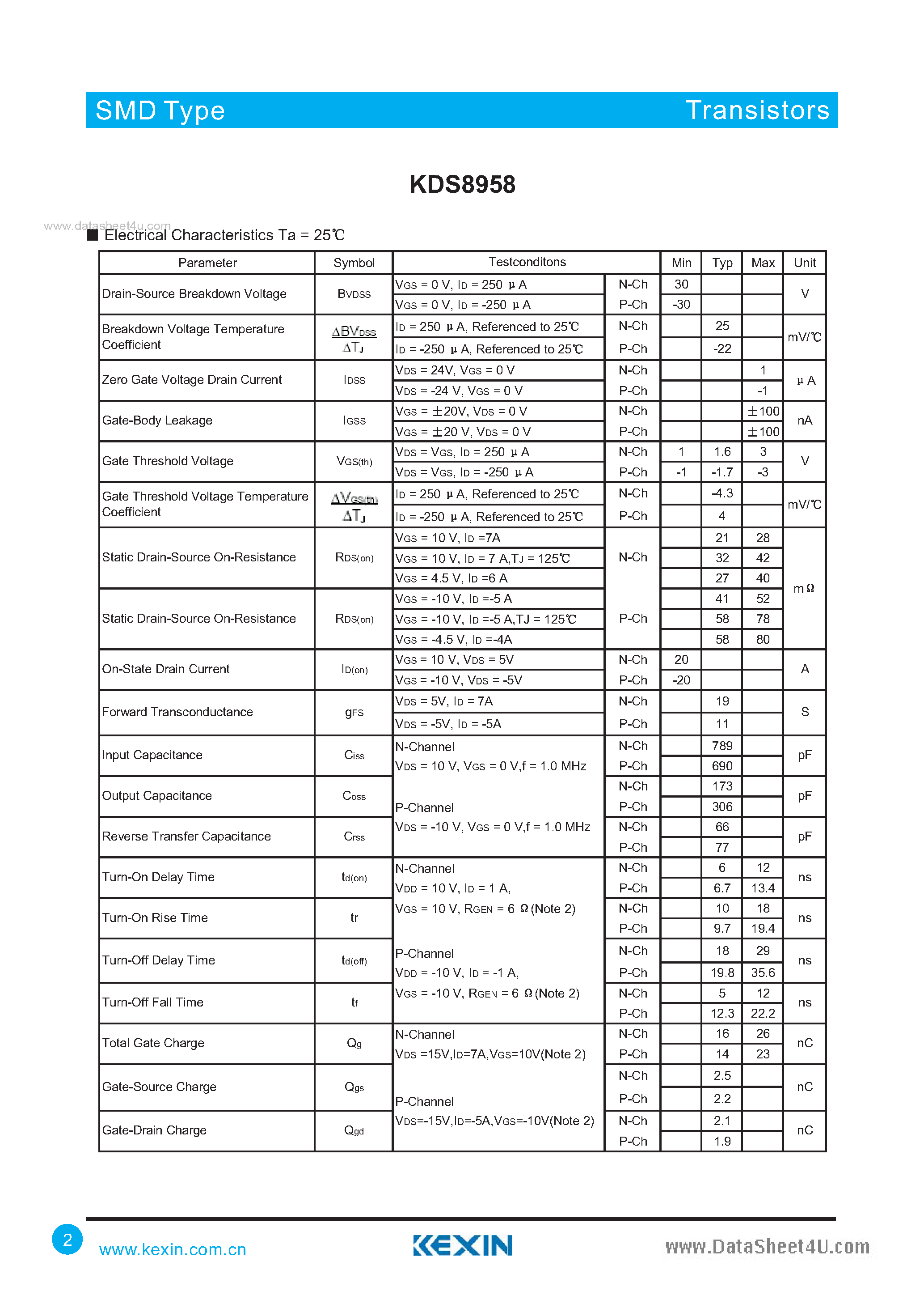 Datasheet KDS8958 - Dual N & P-Channel PowerTrench MOSFET page 2