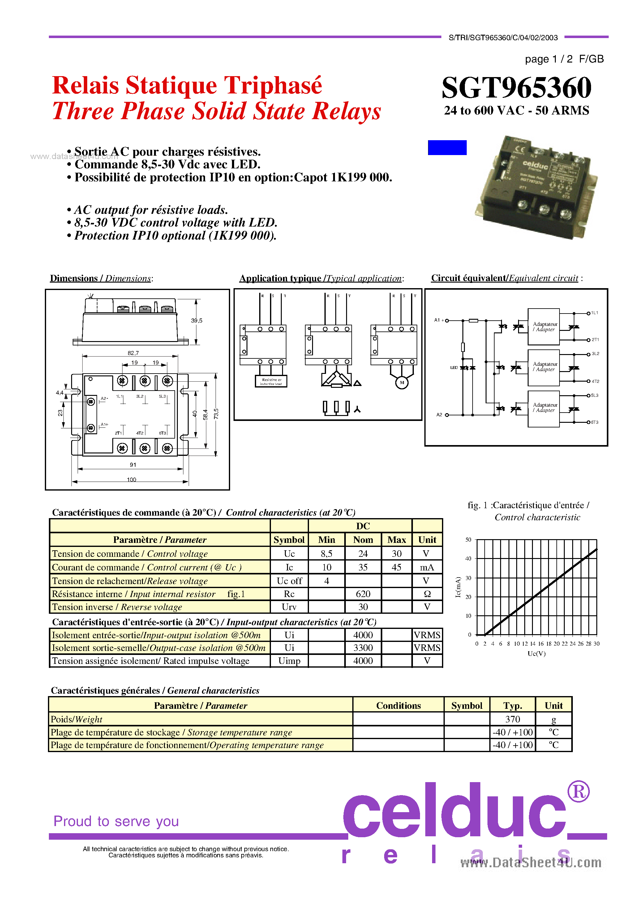 Datasheet SGT965360 page 1 Datasheet SGT965360 - Three Phase Solid State Relays page 1