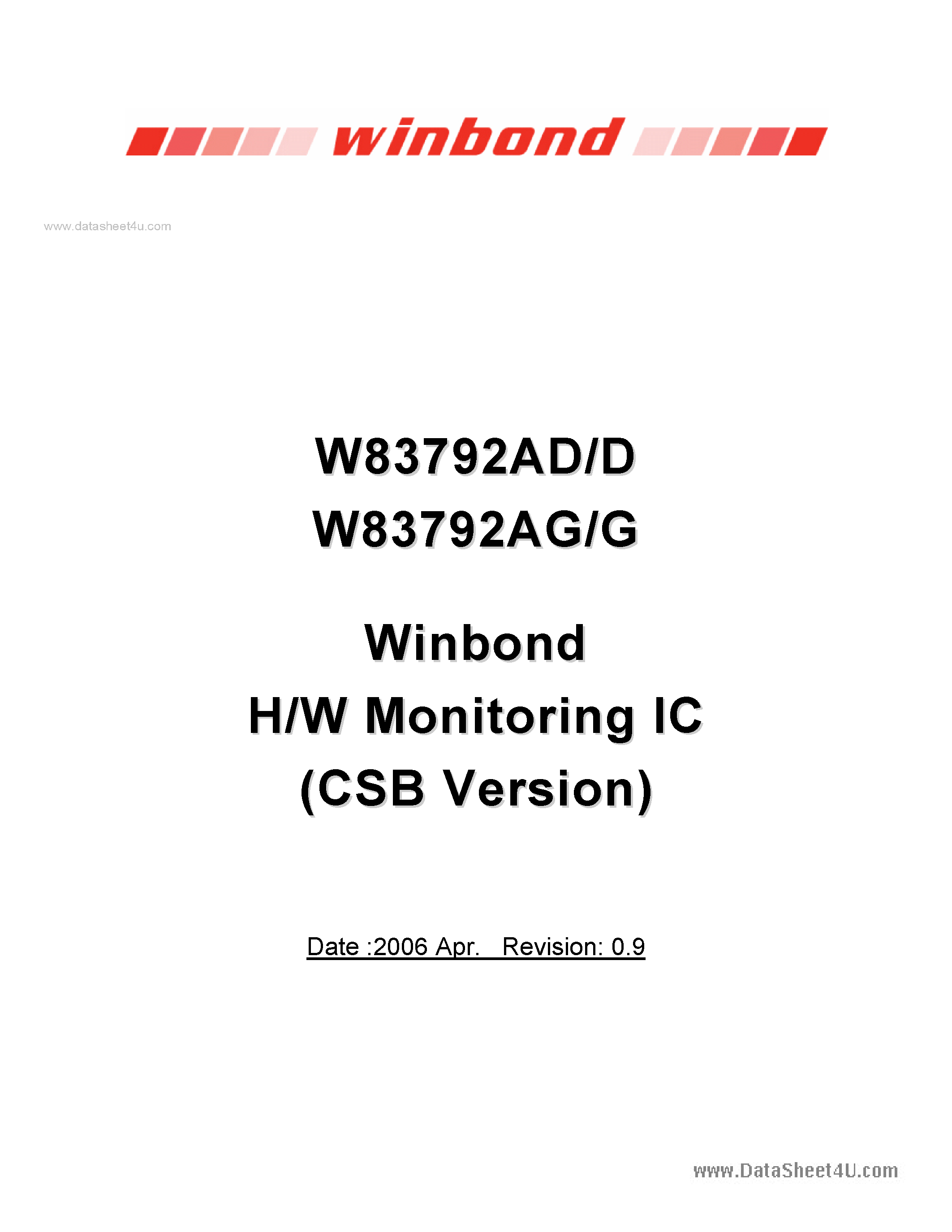 Даташит на микросхему W83792AD страница 1 Даташит W83792AD - H/W Monitoring IC страница 1