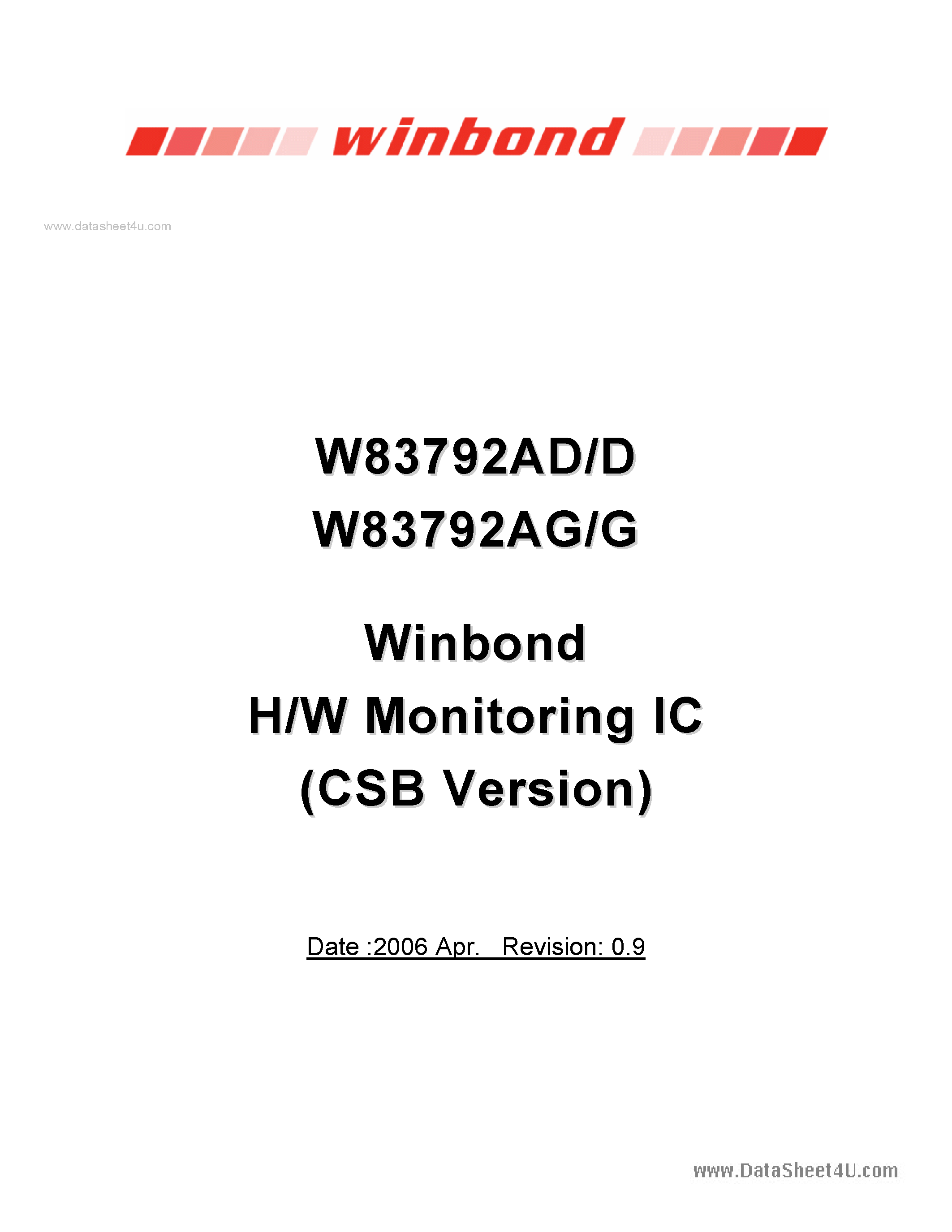 Datasheet W83792AD - H/W Monitoring IC page 1