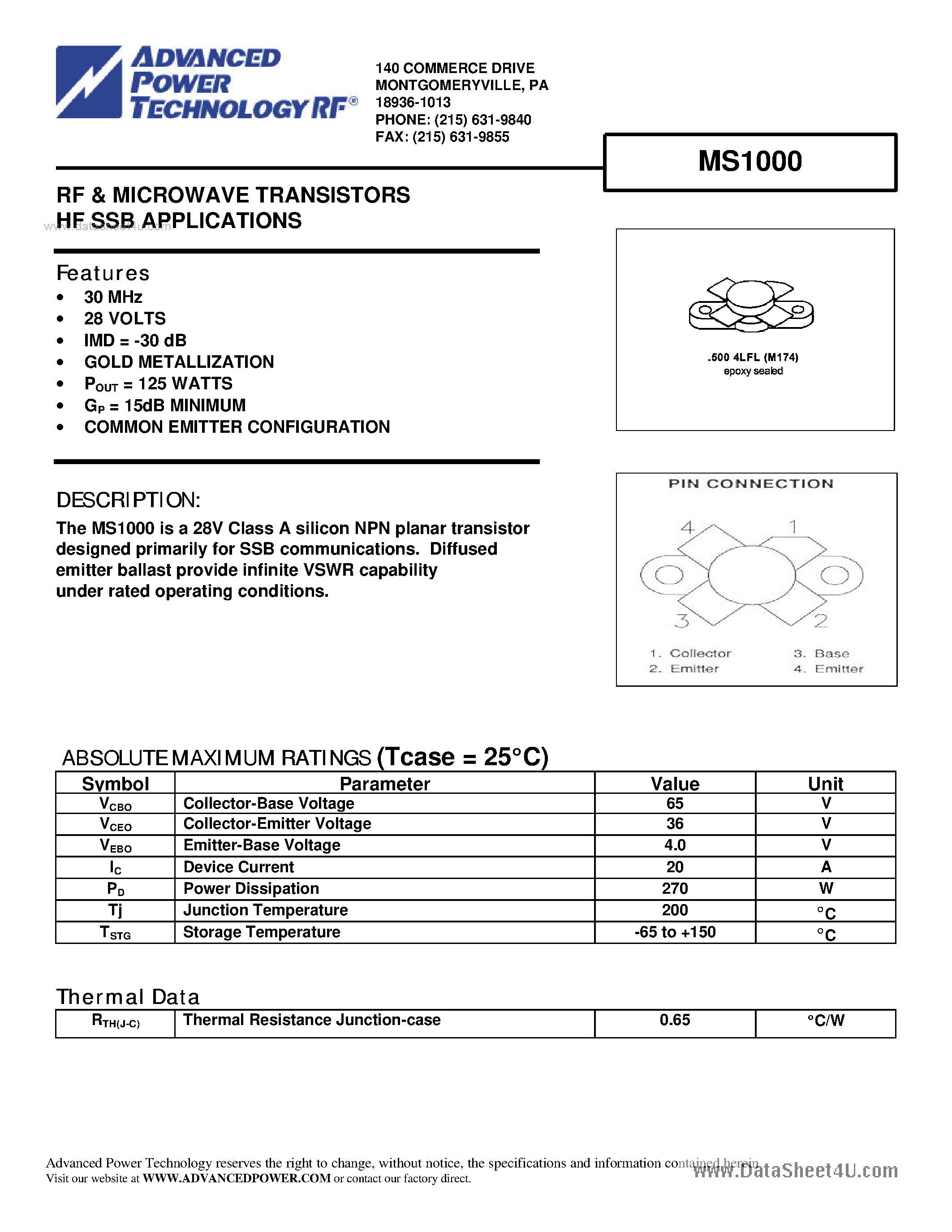 Datasheet MS1000 - RF & MICROWAVE TRANSISTORS HF SSB APPLICATIONS page 1