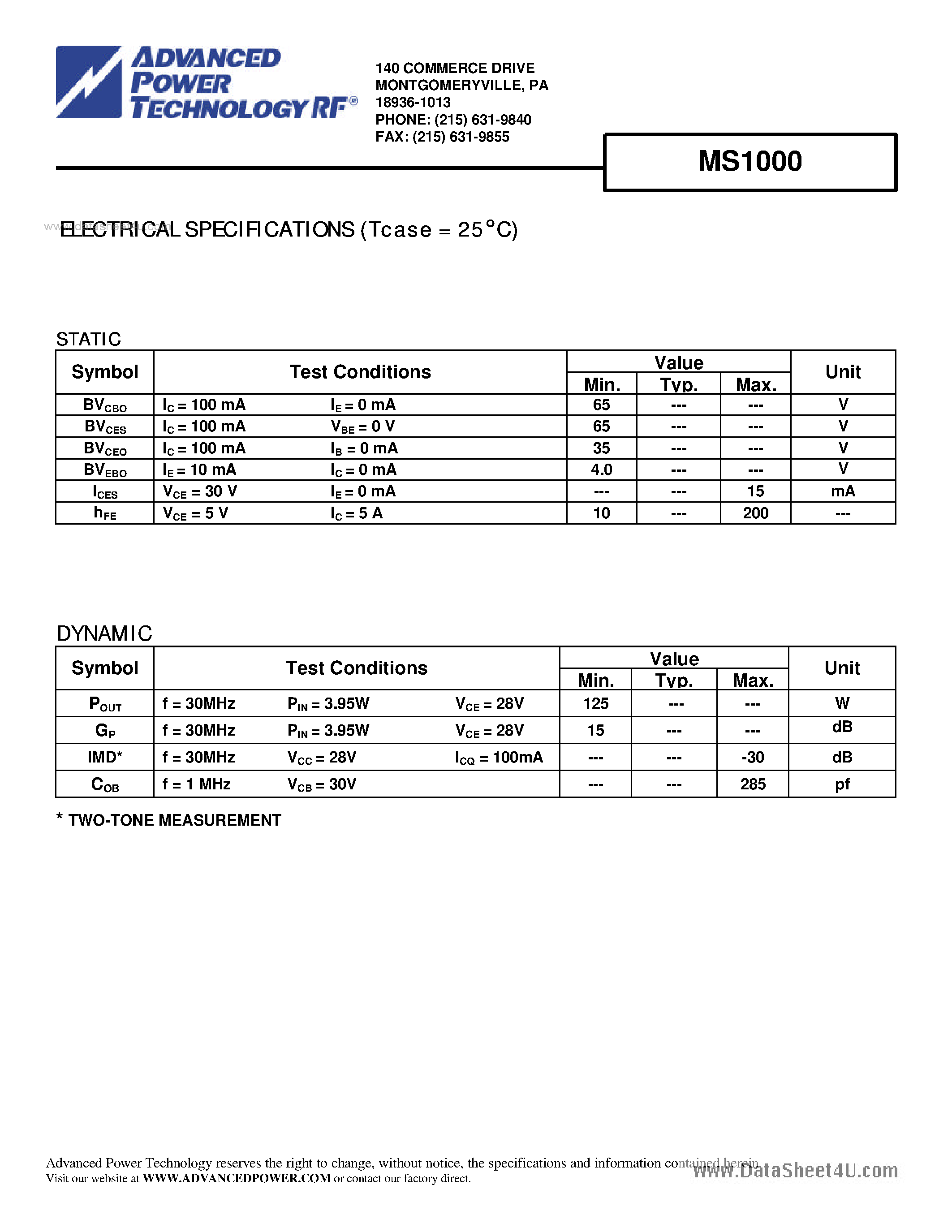Datasheet MS1000 - RF & MICROWAVE TRANSISTORS HF SSB APPLICATIONS page 2