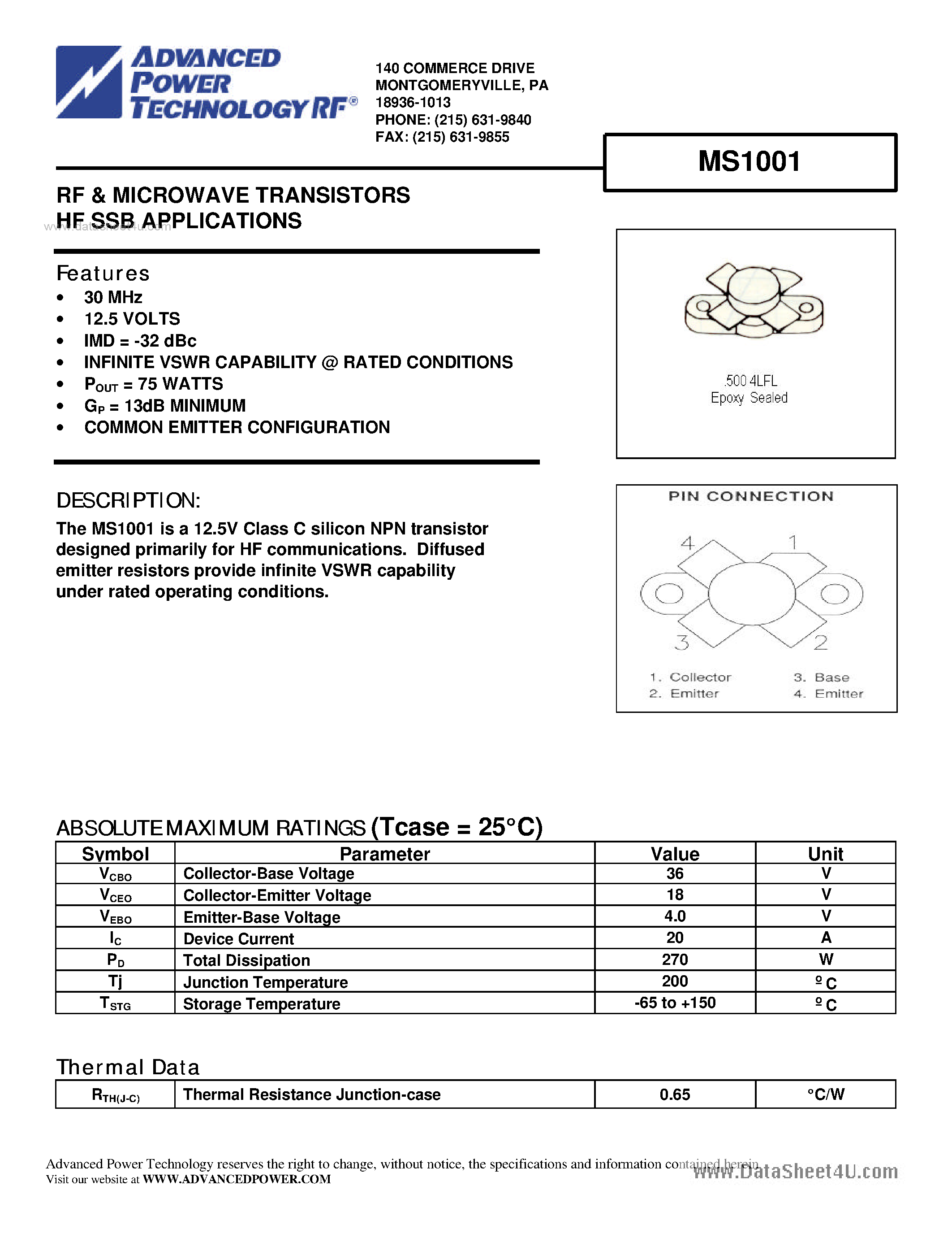 Datasheet MS1001 - RF & MICROWAVE TRANSISTORS HF SSB APPLICATIONS page 1