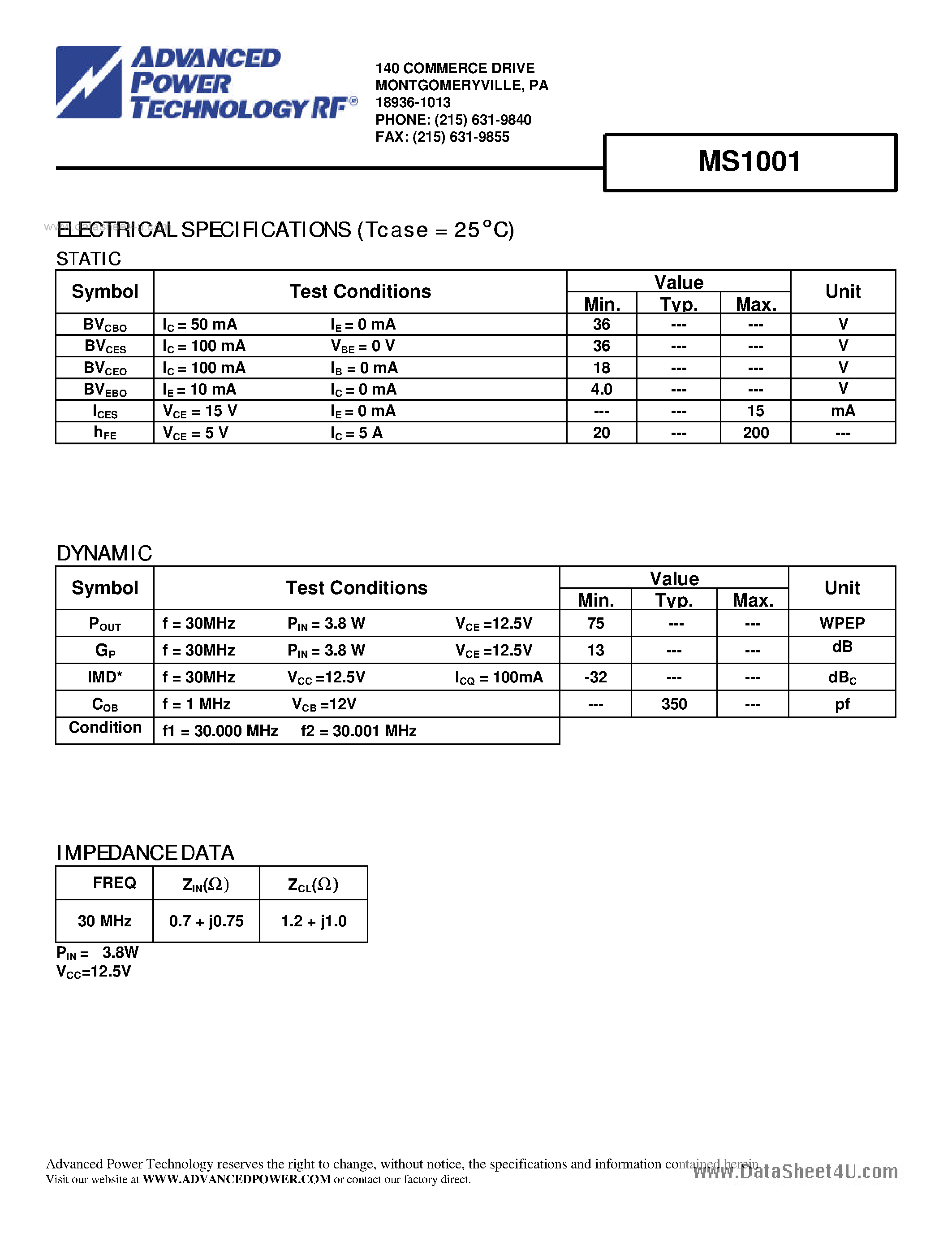 Datasheet MS1001 - RF & MICROWAVE TRANSISTORS HF SSB APPLICATIONS page 2