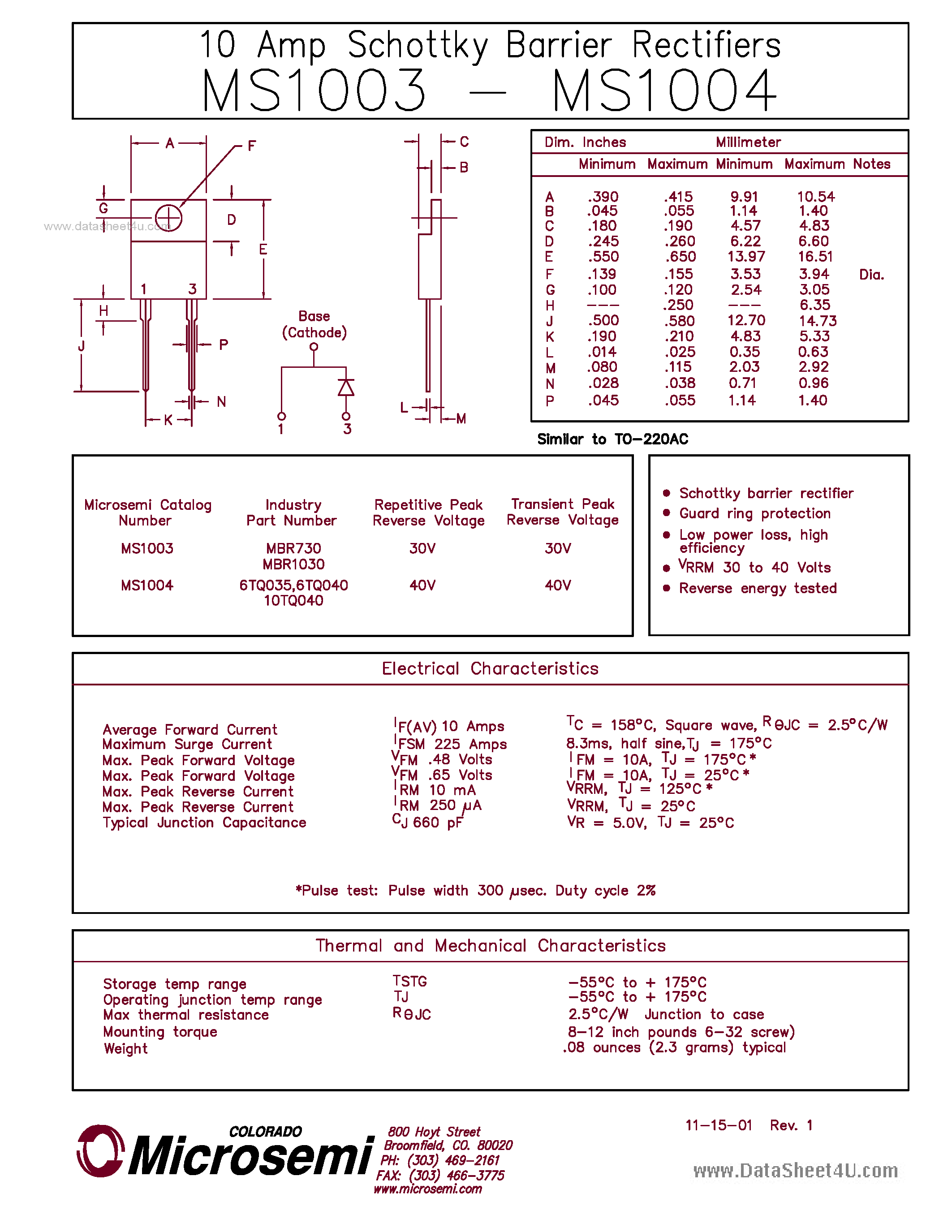 Datasheet MS1003 page 1 Datasheet MS1003 - (MS1003 / MS1004) 10 AMP SCHOTTKY BARRIER RECTIFIERS page 1