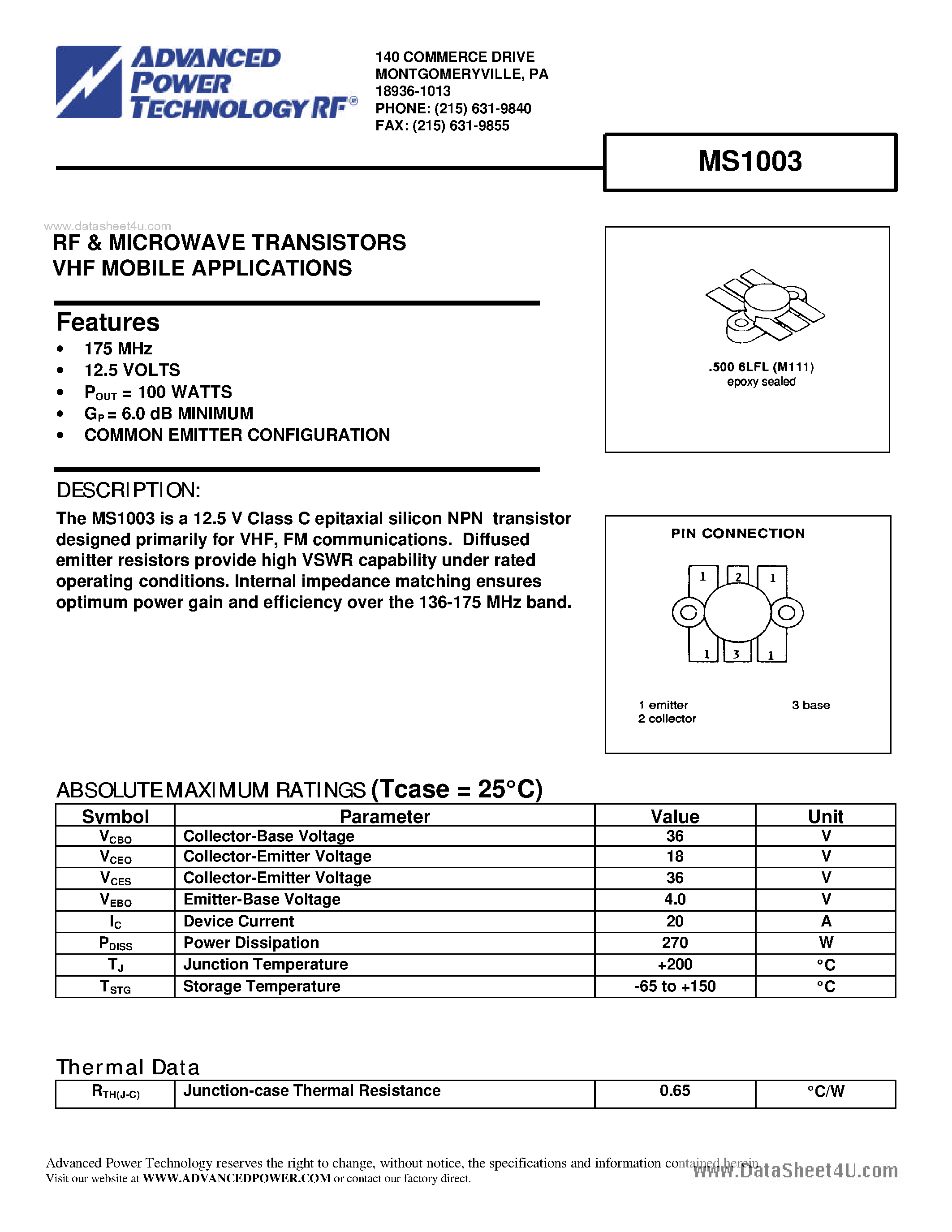Datasheet MS1003 - RF & MICROWAVE TRANSISTORS VHF MOBILE APPLICATIONS page 1