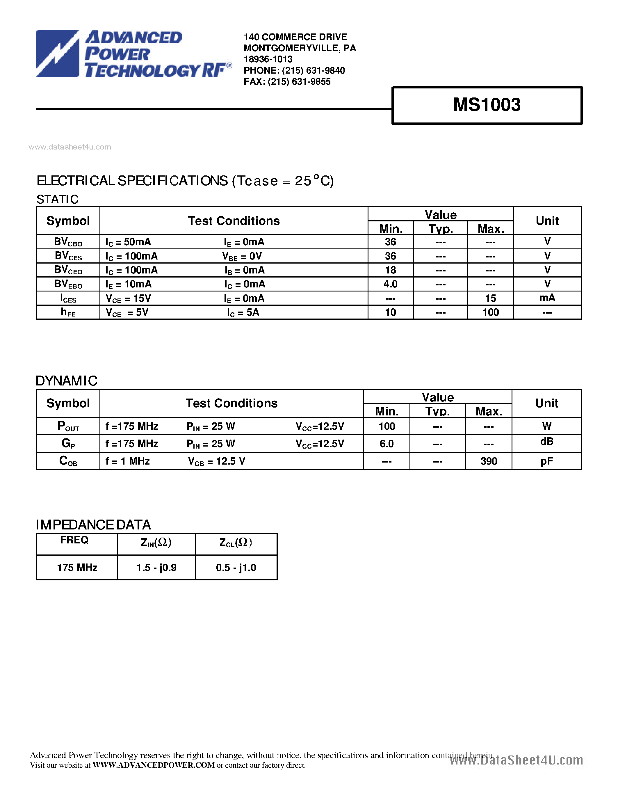 Datasheet MS1003 - RF & MICROWAVE TRANSISTORS VHF MOBILE APPLICATIONS page 2