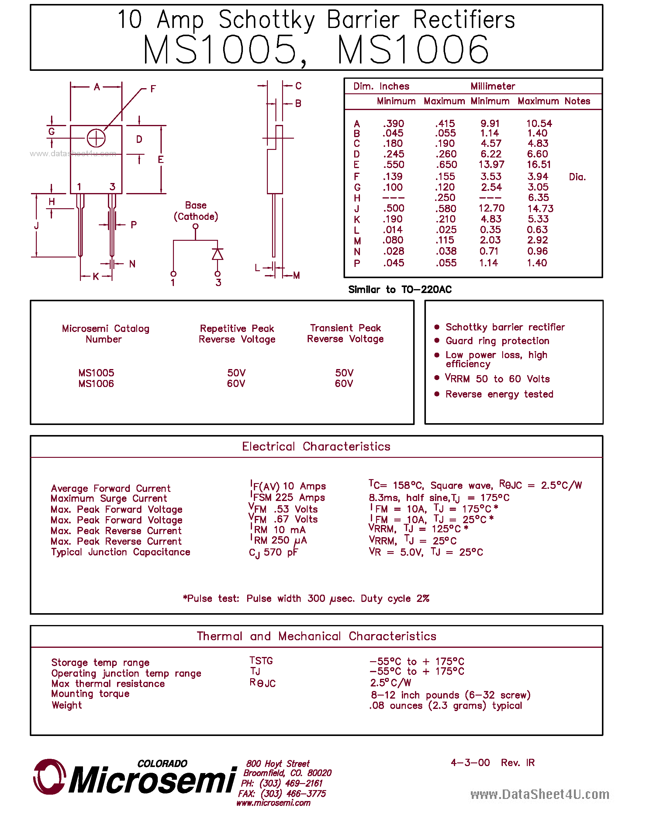 Даташит MS1005 - (MS1005 / MS1006) 10 AMP SCHOTTKY BARRIER RECTIFIER страница 1