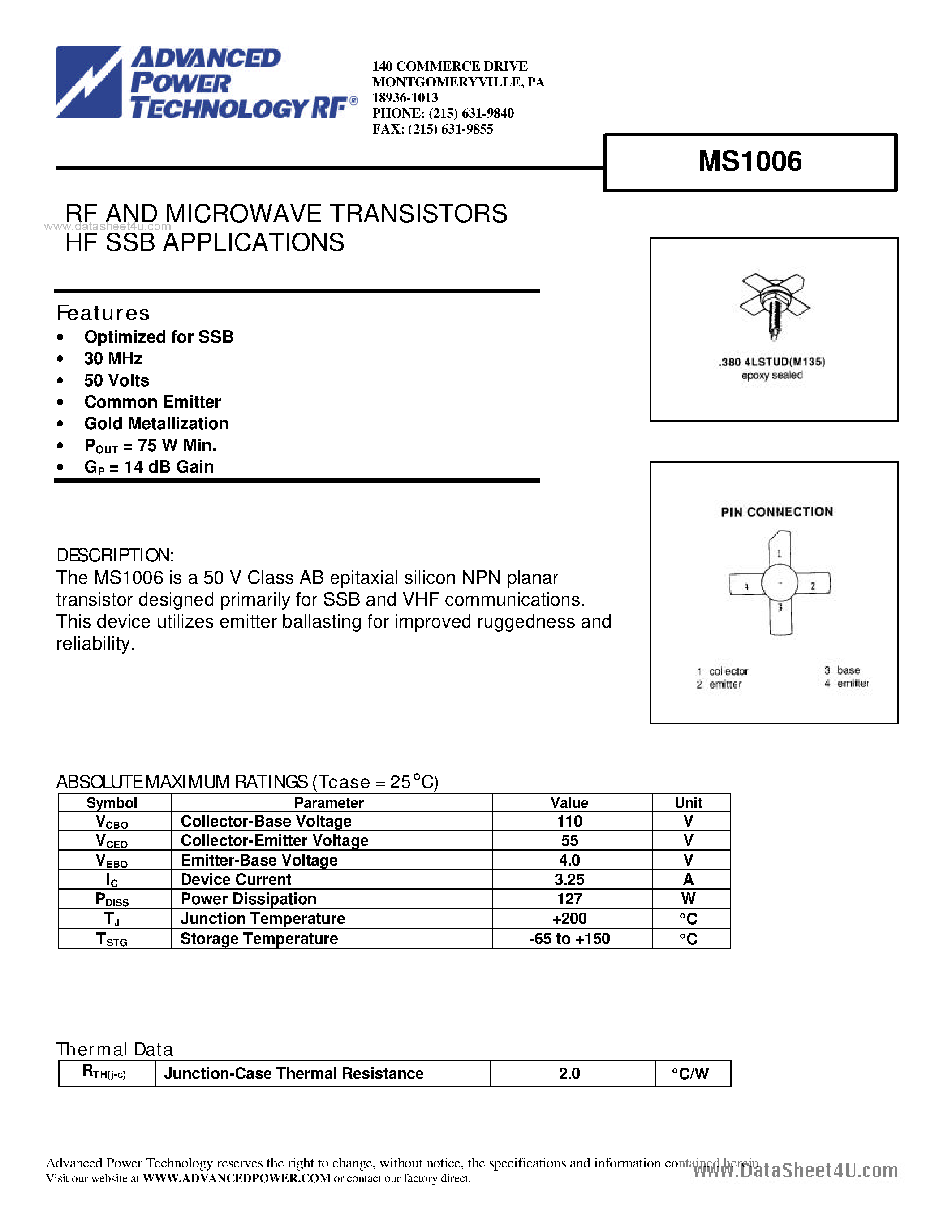 Datasheet MS1006 - RF AND MICROWAVE TRANSISTORS HF SSB APPLICATIONS page 1