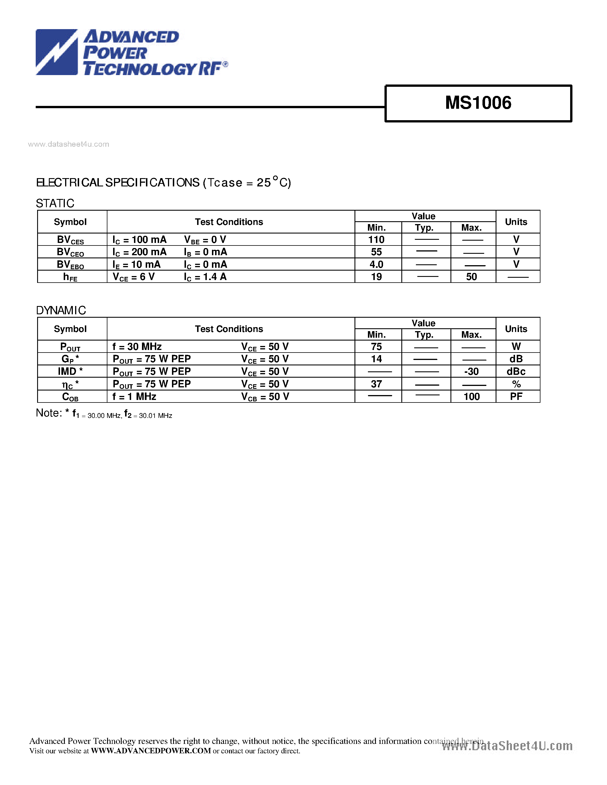 Datasheet MS1006 - RF AND MICROWAVE TRANSISTORS HF SSB APPLICATIONS page 2