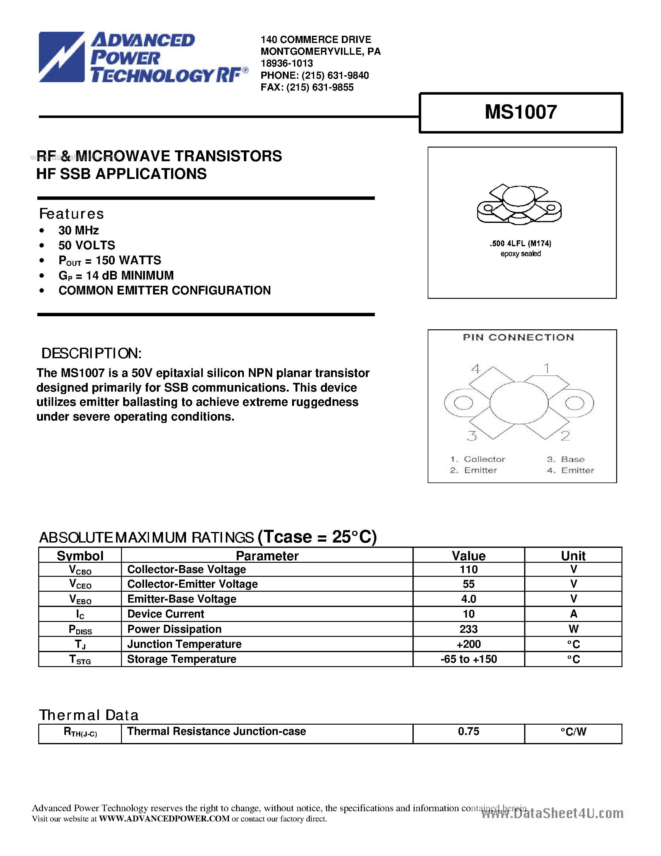 Datasheet MS1007 - RF & MICROWAVE TRANSISTORS HF SSB APPLICATIONS page 1