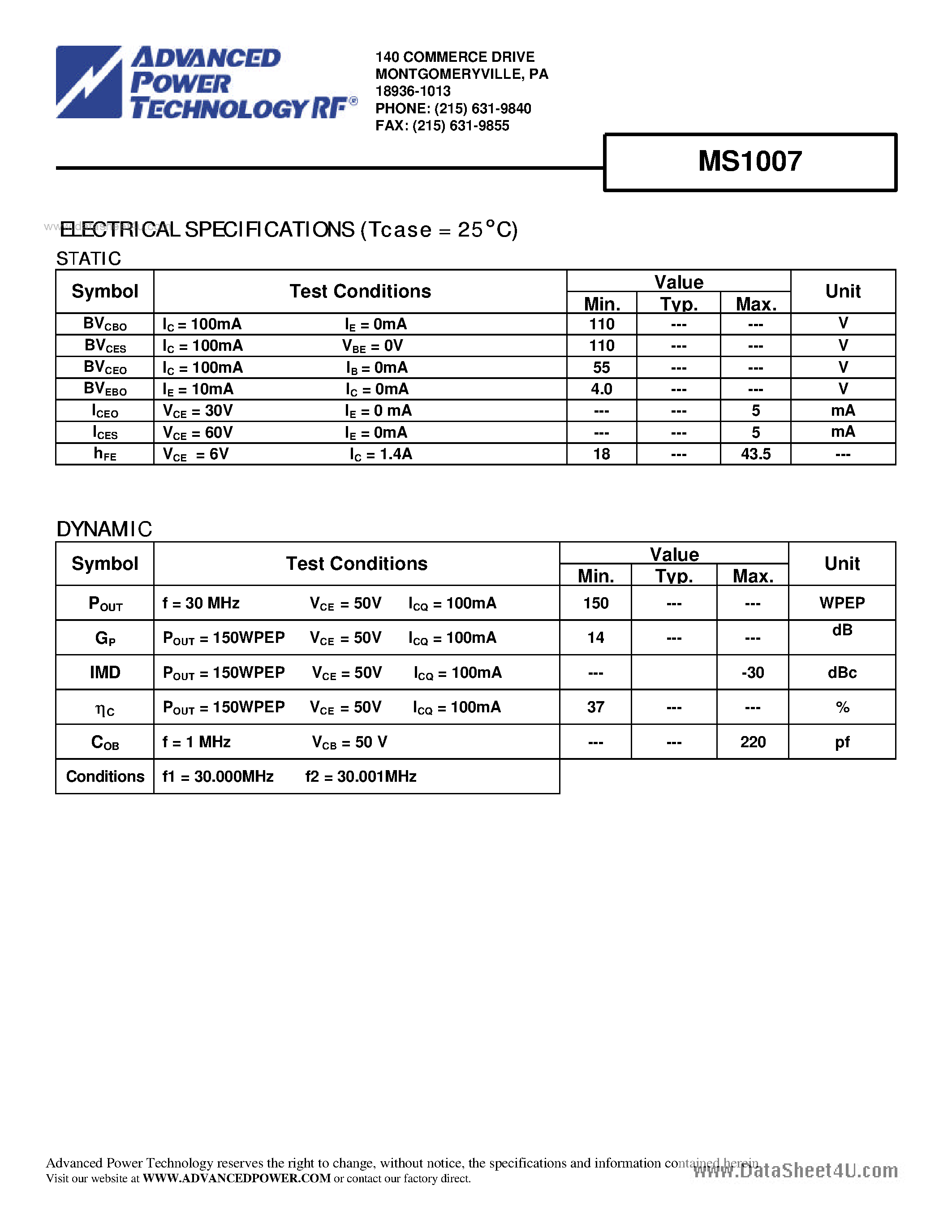 Datasheet MS1007 - RF & MICROWAVE TRANSISTORS HF SSB APPLICATIONS page 2