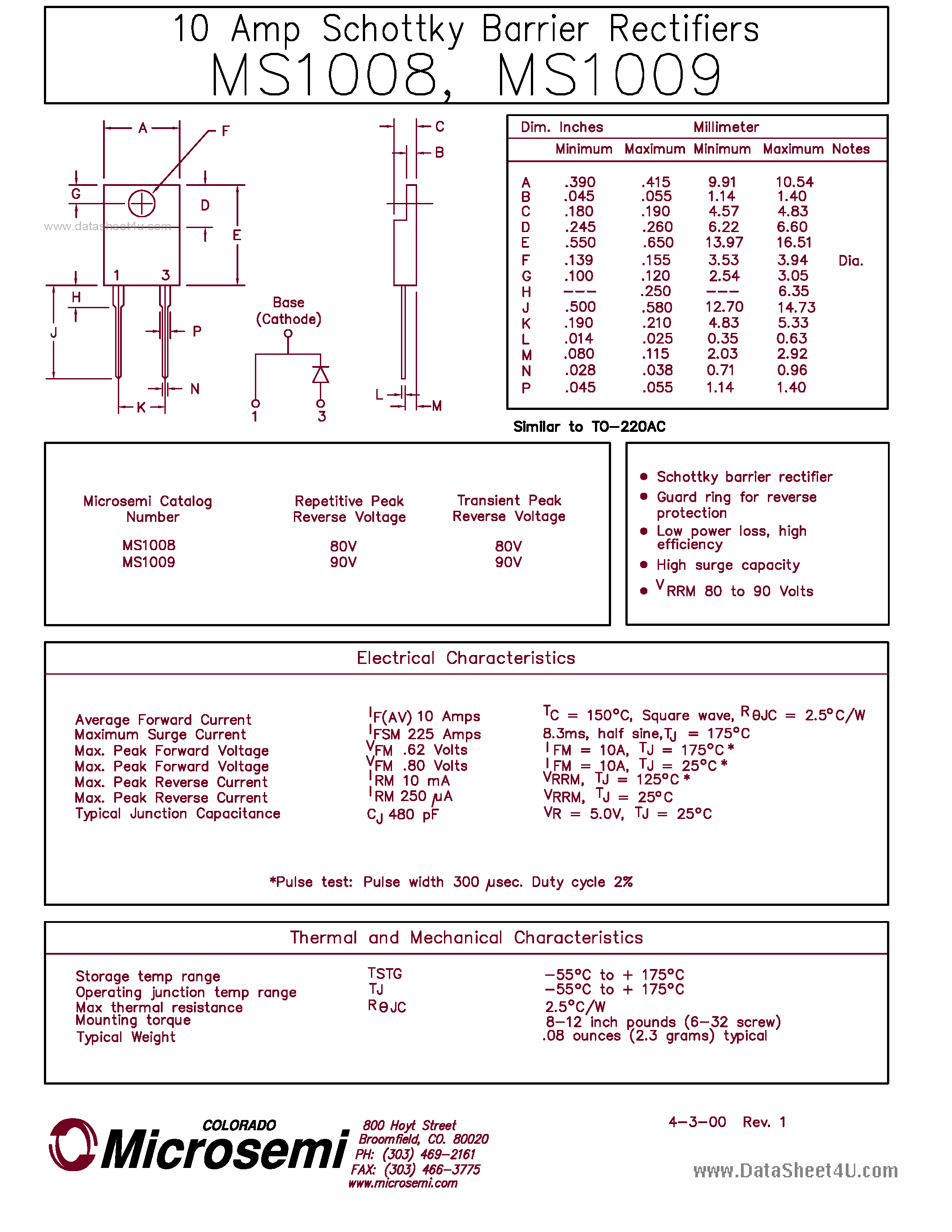Даташит MS1008 - (MS1008 / MS1009) 10 AMP SCHOTTKY BARRIER RECTIFIER страница 1