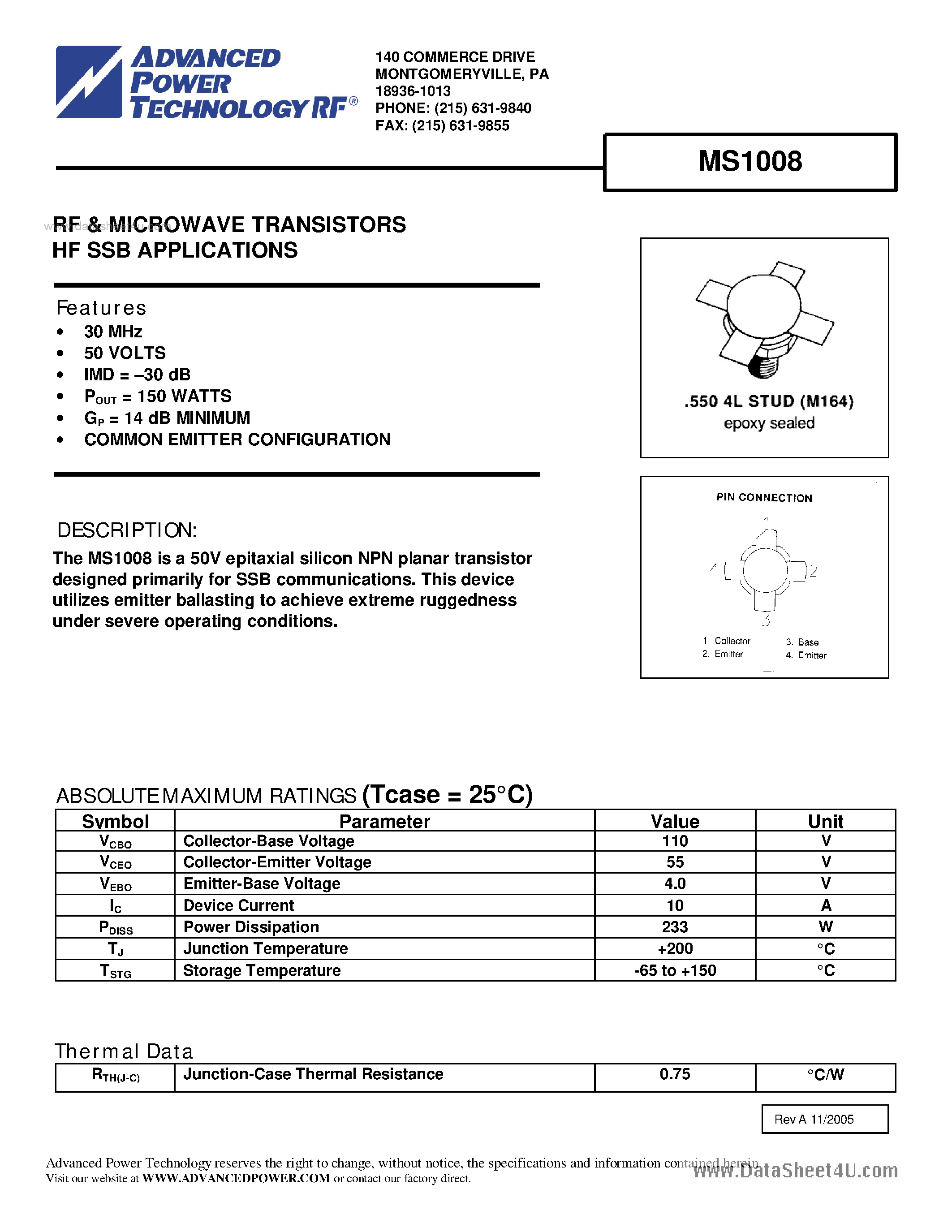 Datasheet MS1008 - RF & MICROWAVE TRANSISTORS HF SSB APPLICATIONS page 1