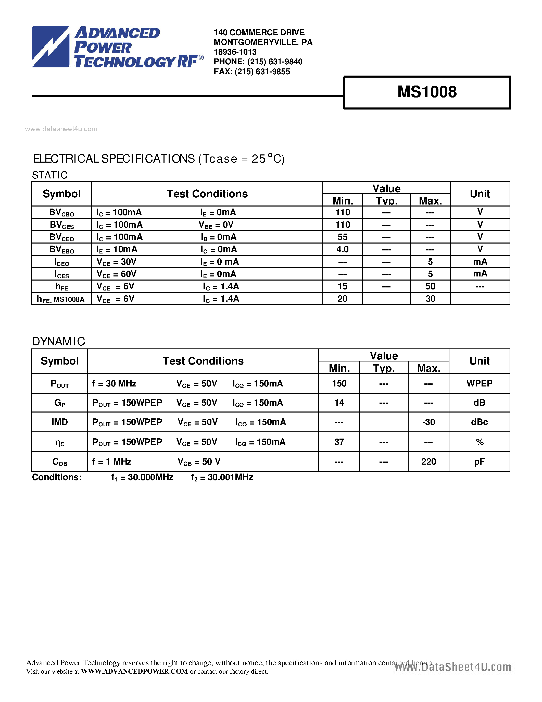 Datasheet MS1008 - RF & MICROWAVE TRANSISTORS HF SSB APPLICATIONS page 2
