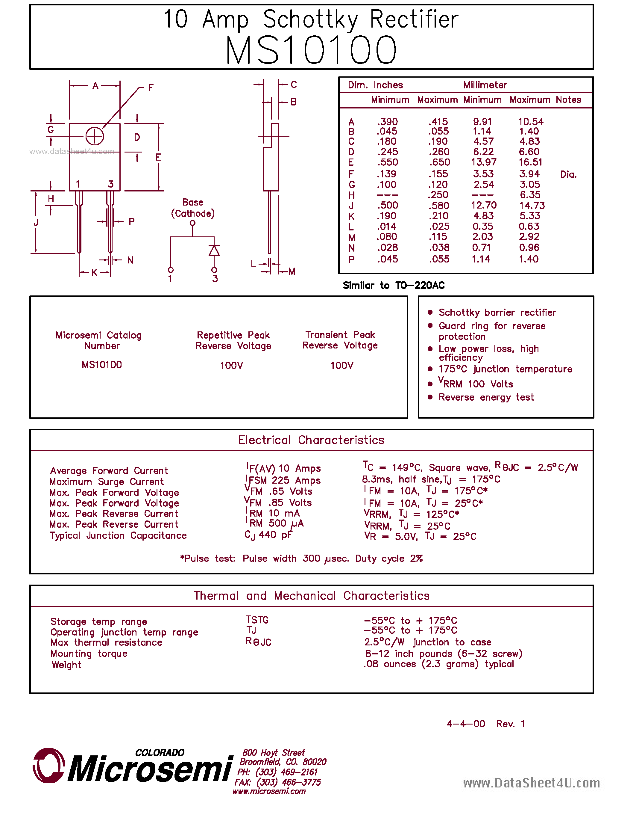 Даташит MS10100 - 10 AMP SCHOTTKY BARRIER RECTIFIER страница 1