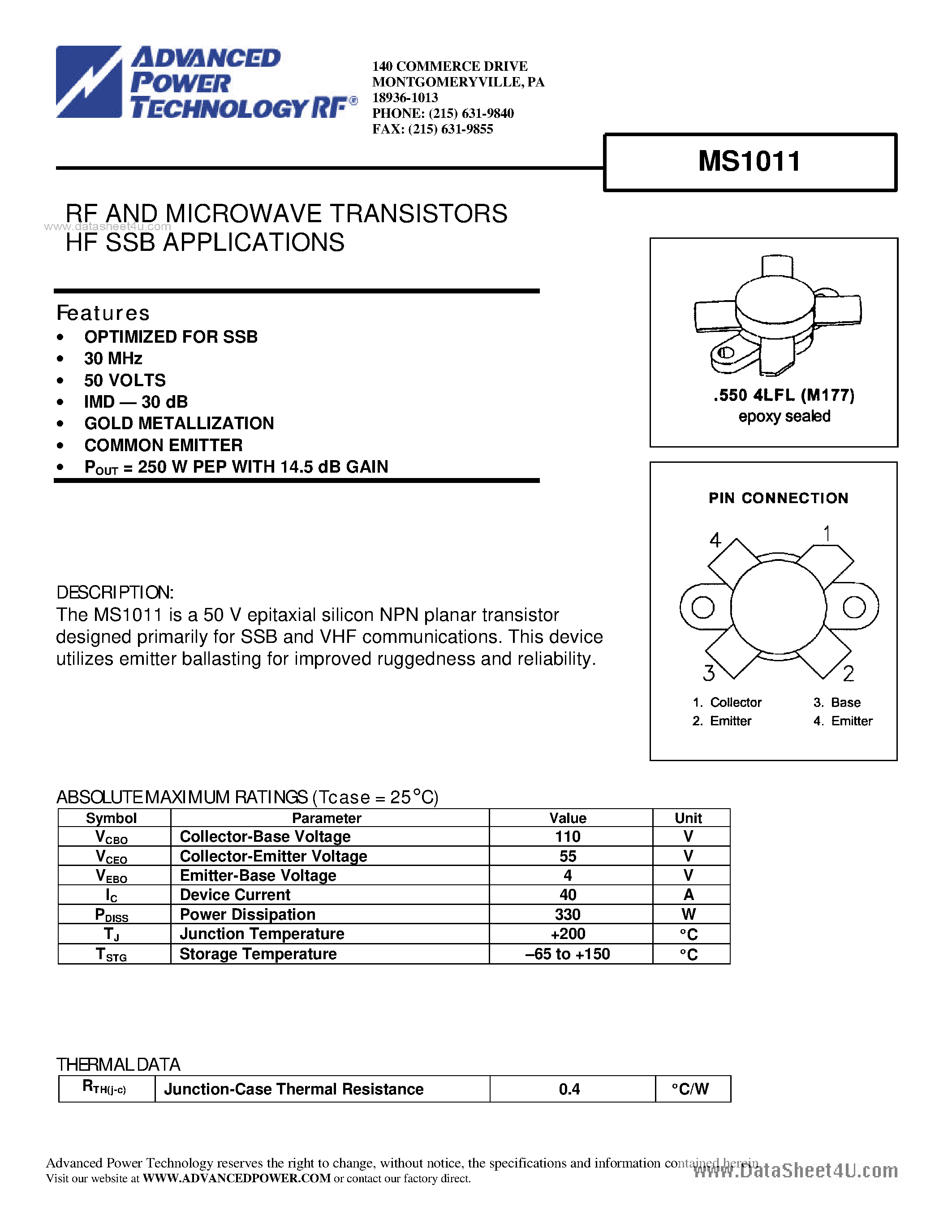 Datasheet MS1011 - RF AND MICROWAVE TRANSISTORS HF SSB APPLICATIONS page 1