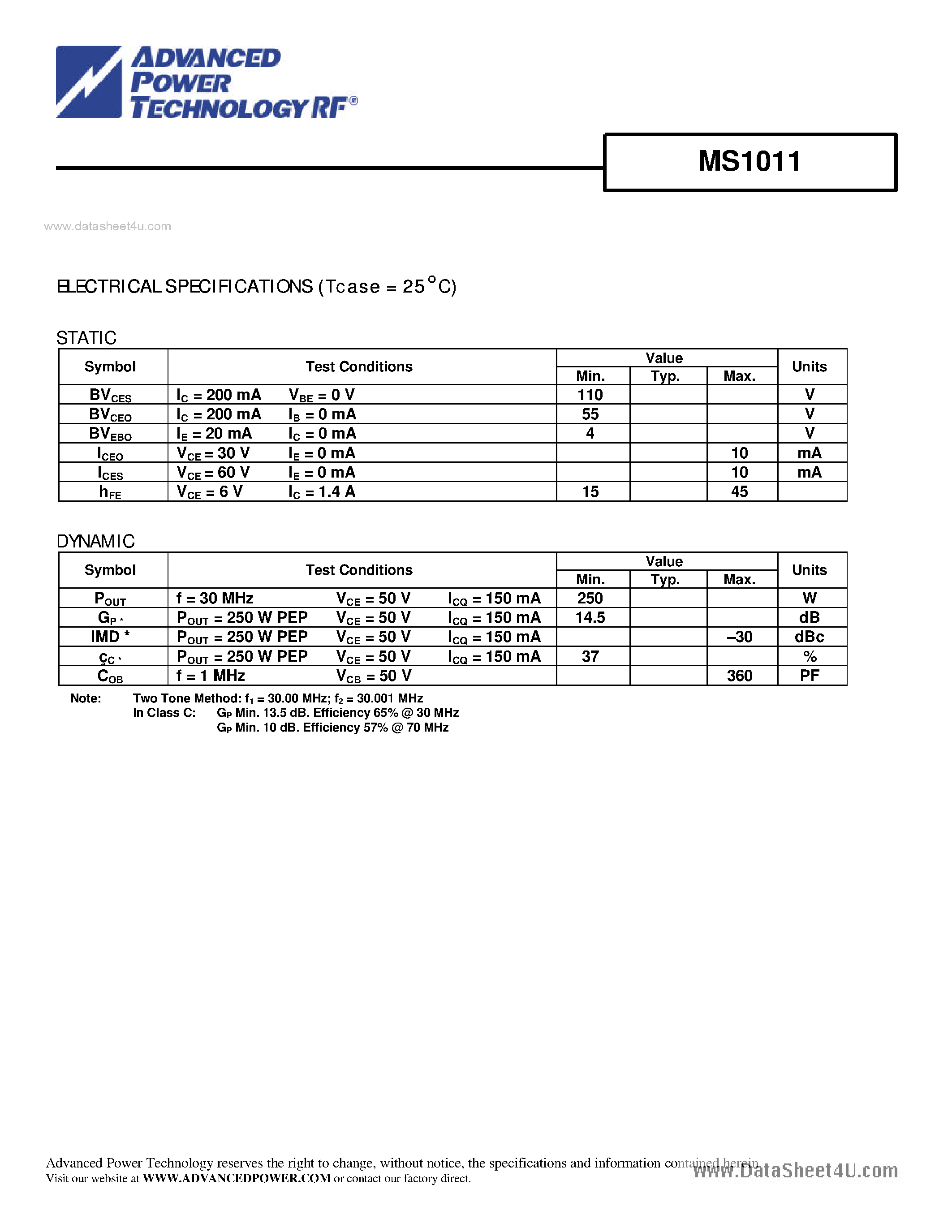 Datasheet MS1011 - RF AND MICROWAVE TRANSISTORS HF SSB APPLICATIONS page 2