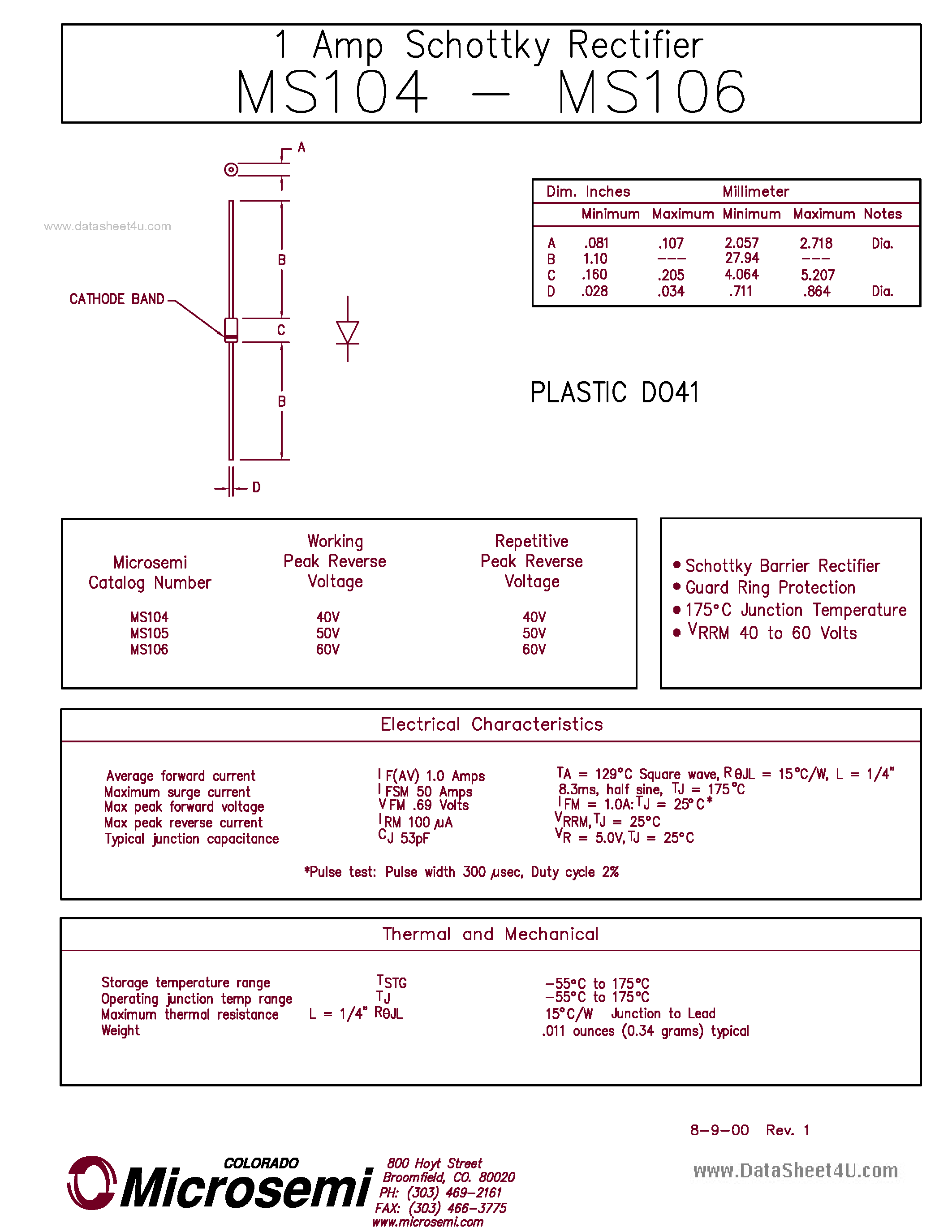 Даташит MS104 - (MS104 - MS106) 1 Amp Schottky Rectifier страница 1