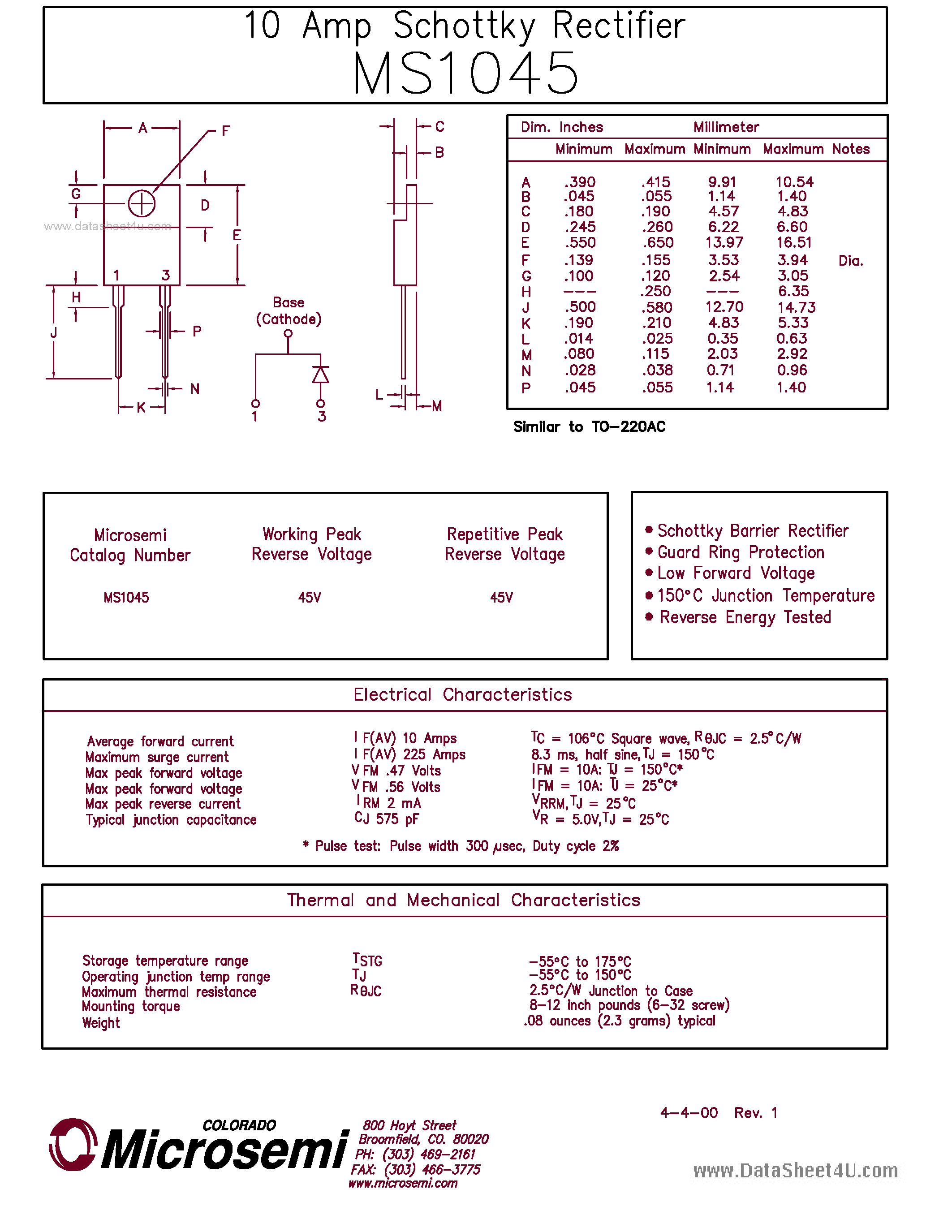 Даташит MS1045 - 10 AMP SCHOTTKY RECTIFIER страница 1