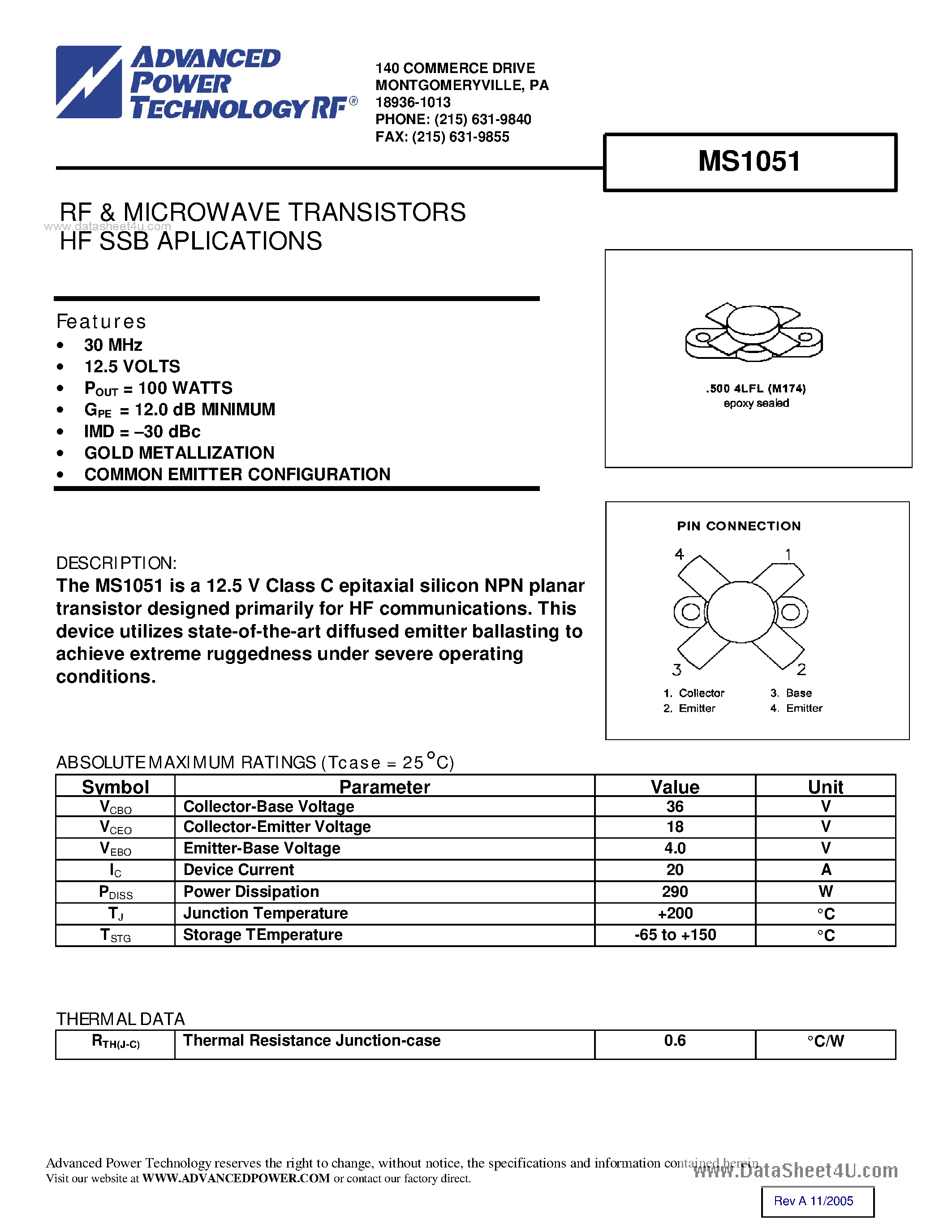Datasheet MS1051 - RF & MICROWAVE TRANSISTORS HF SSB APPLICATIONS page 1