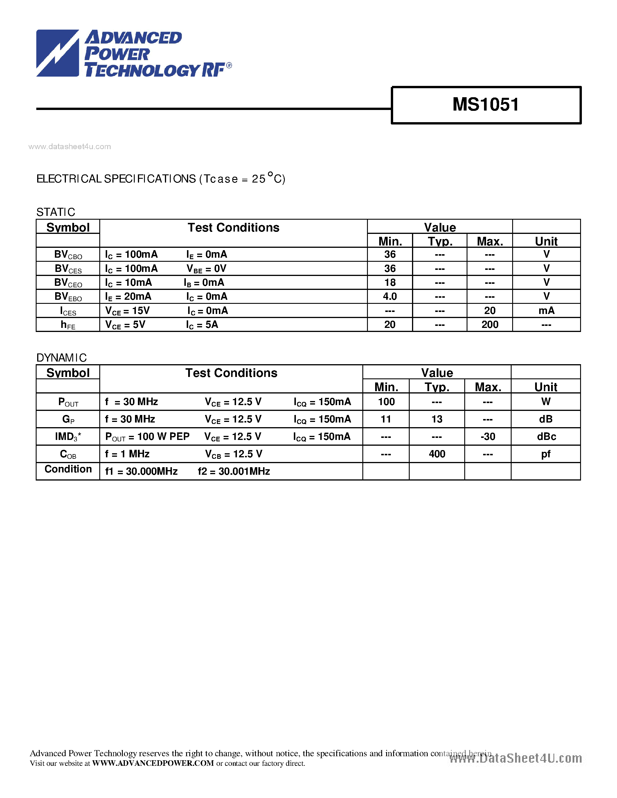 Datasheet MS1051 - RF & MICROWAVE TRANSISTORS HF SSB APPLICATIONS page 2