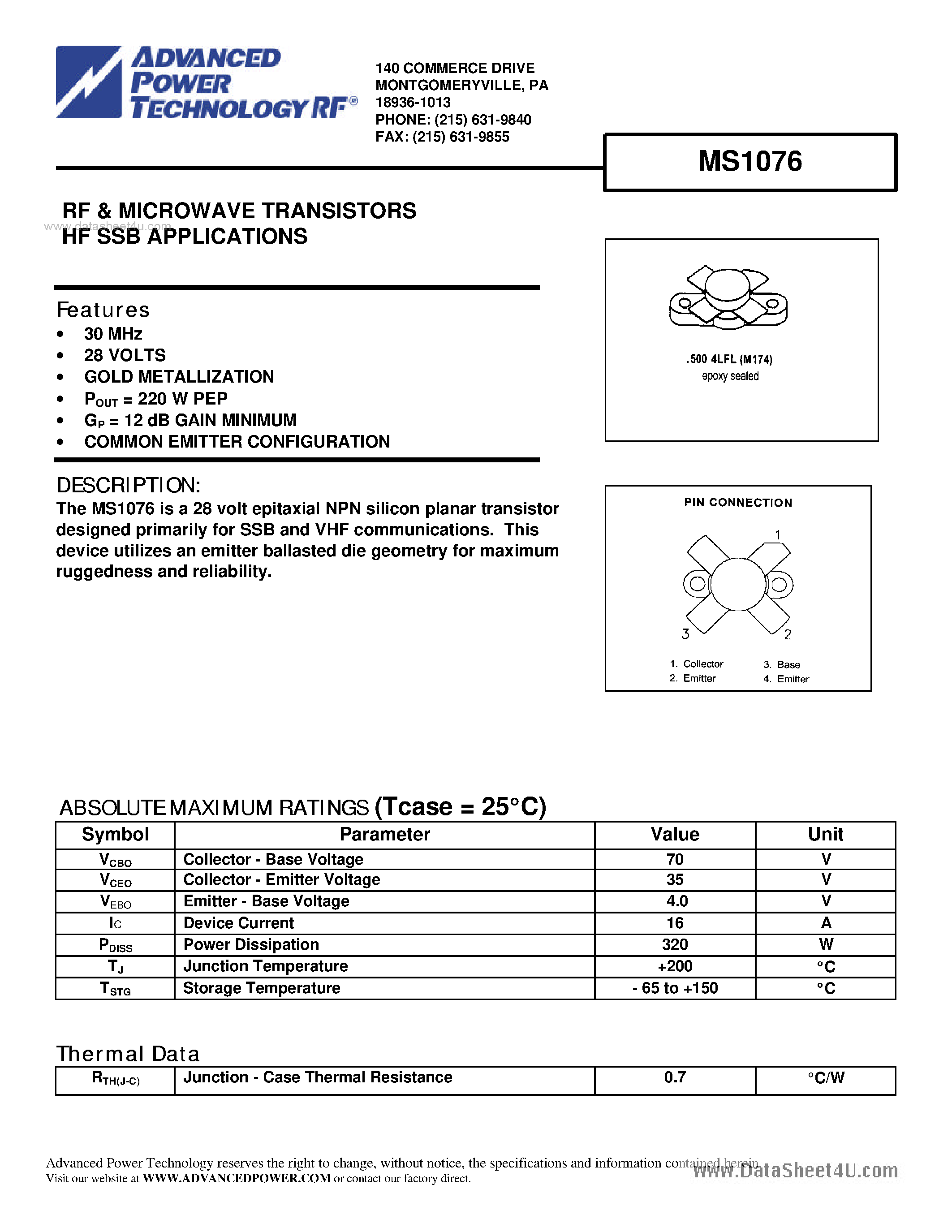 Datasheet MS1076 - RF & MICROWAVE TRANSISTORS HF SSB APPLICATIONS page 1