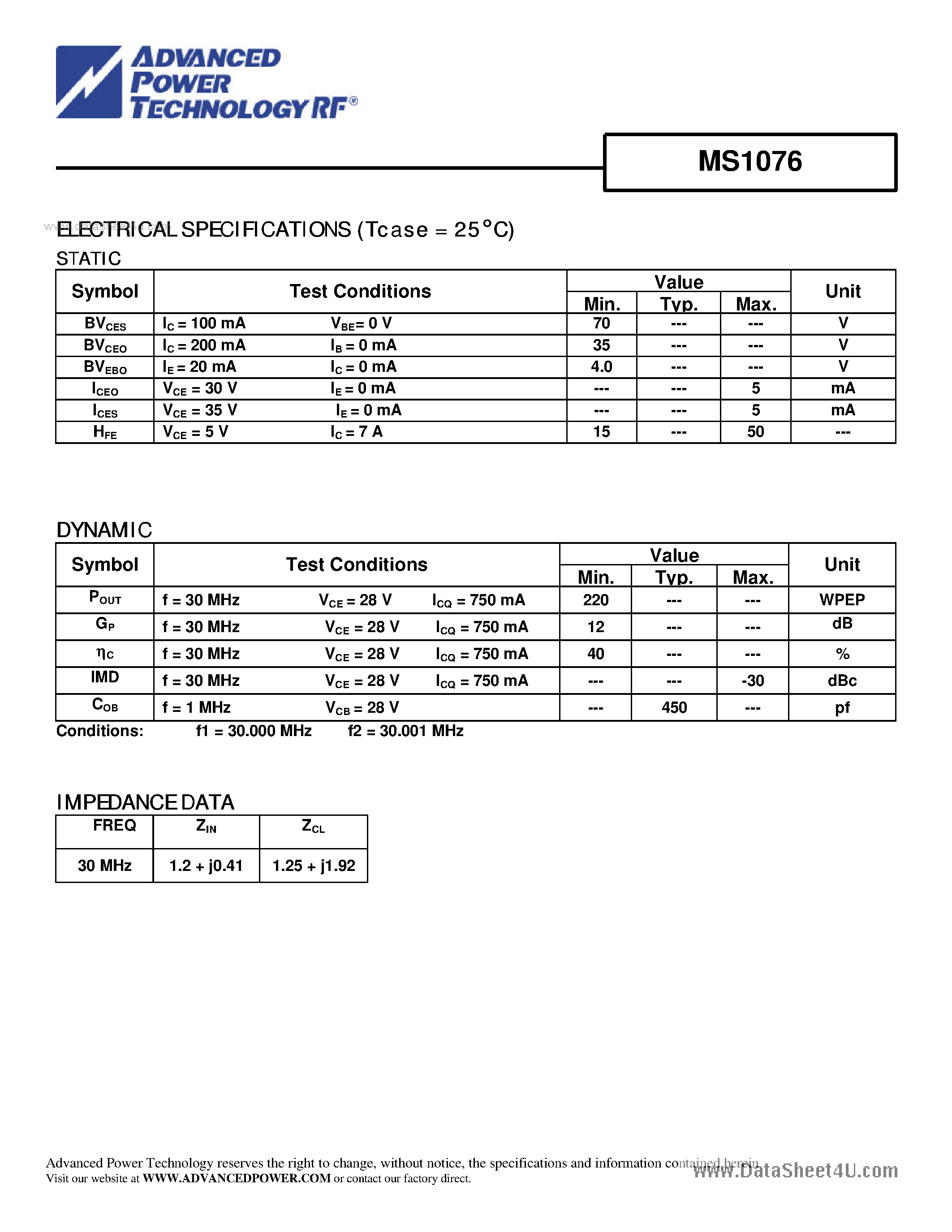 Datasheet MS1076 - RF & MICROWAVE TRANSISTORS HF SSB APPLICATIONS page 2
