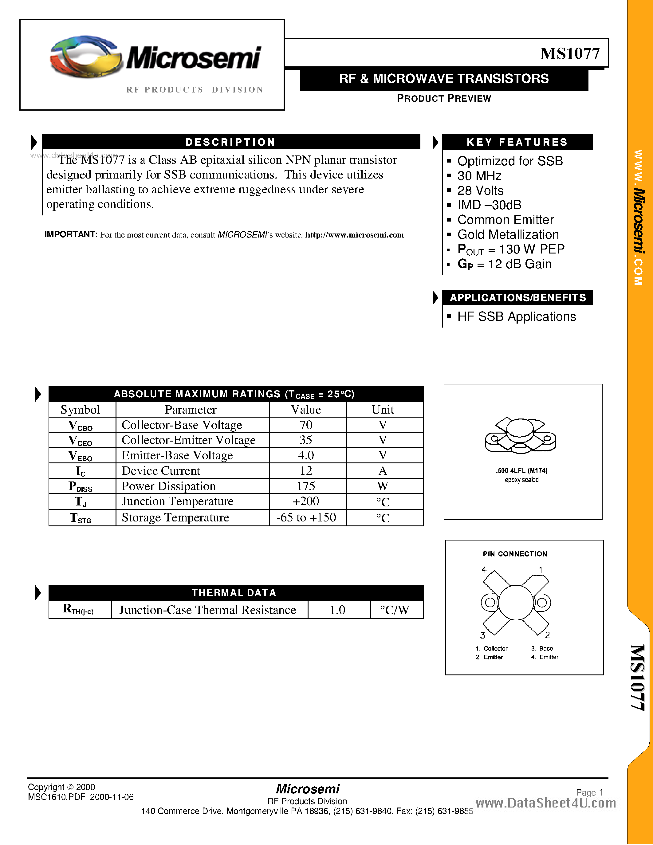 Datasheet MS1077 - RF & MICROWAVE TRANSISTORS page 1