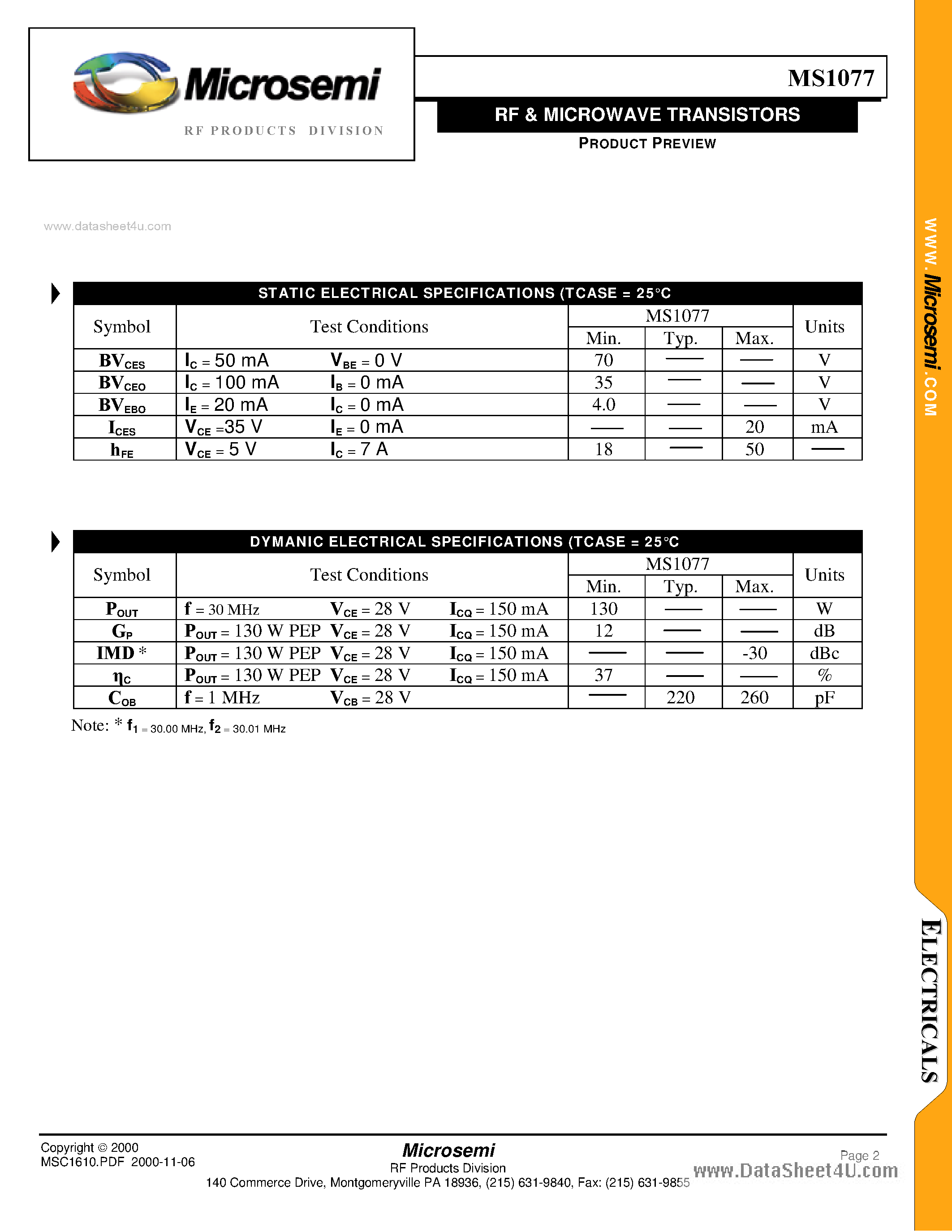 Datasheet MS1077 - RF & MICROWAVE TRANSISTORS page 2