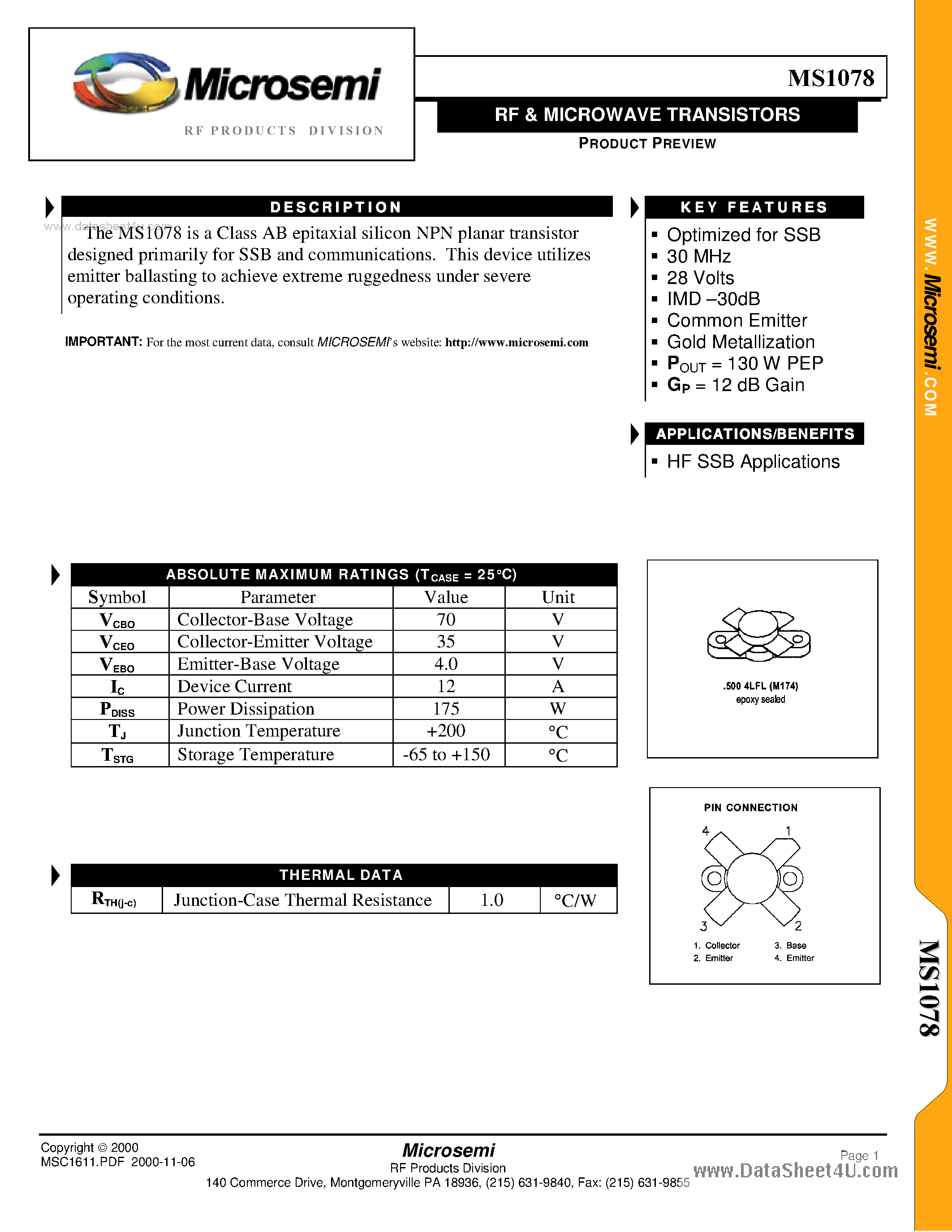Datasheet MS1078 - RF & MICROWAVE TRANSISTORS page 1