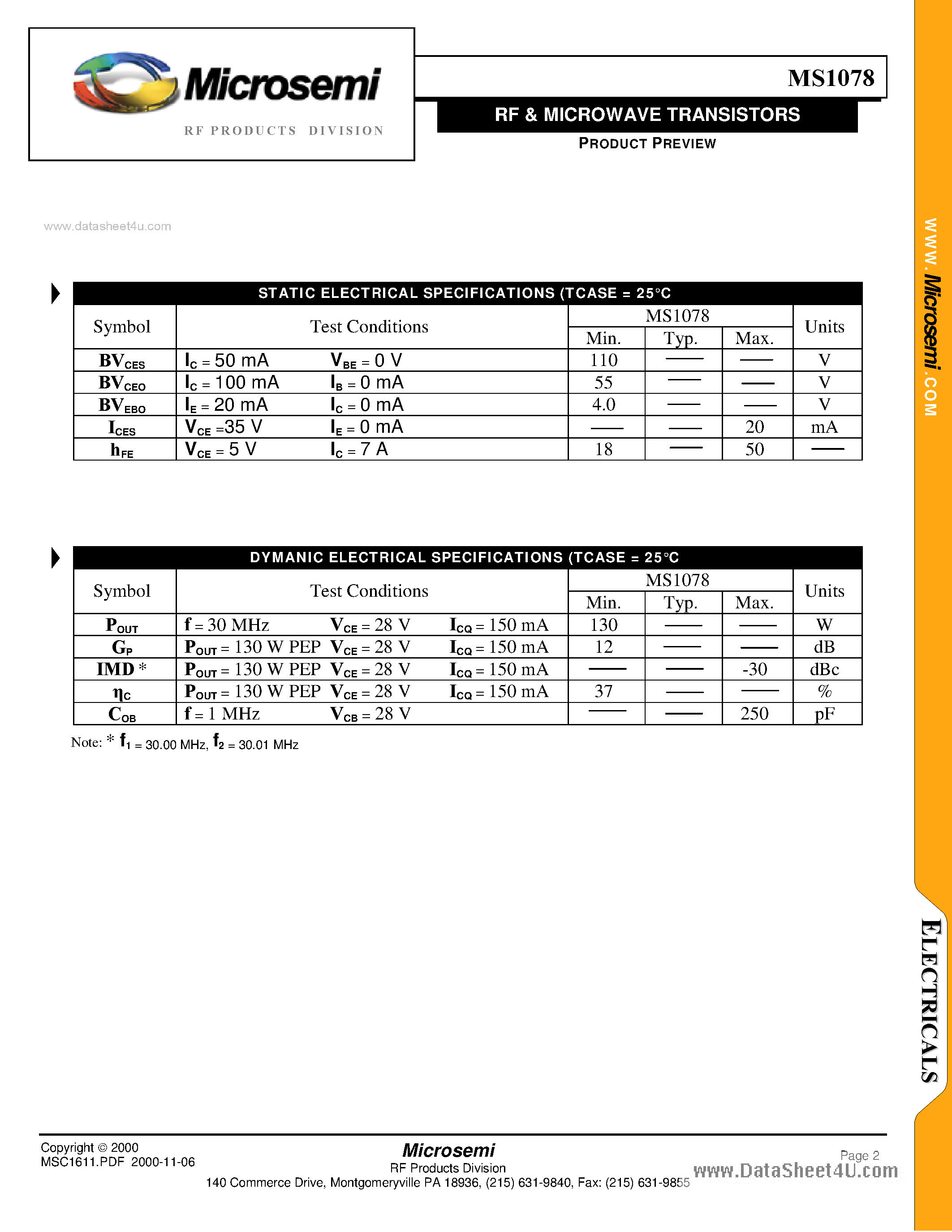 Datasheet MS1078 - RF & MICROWAVE TRANSISTORS page 2