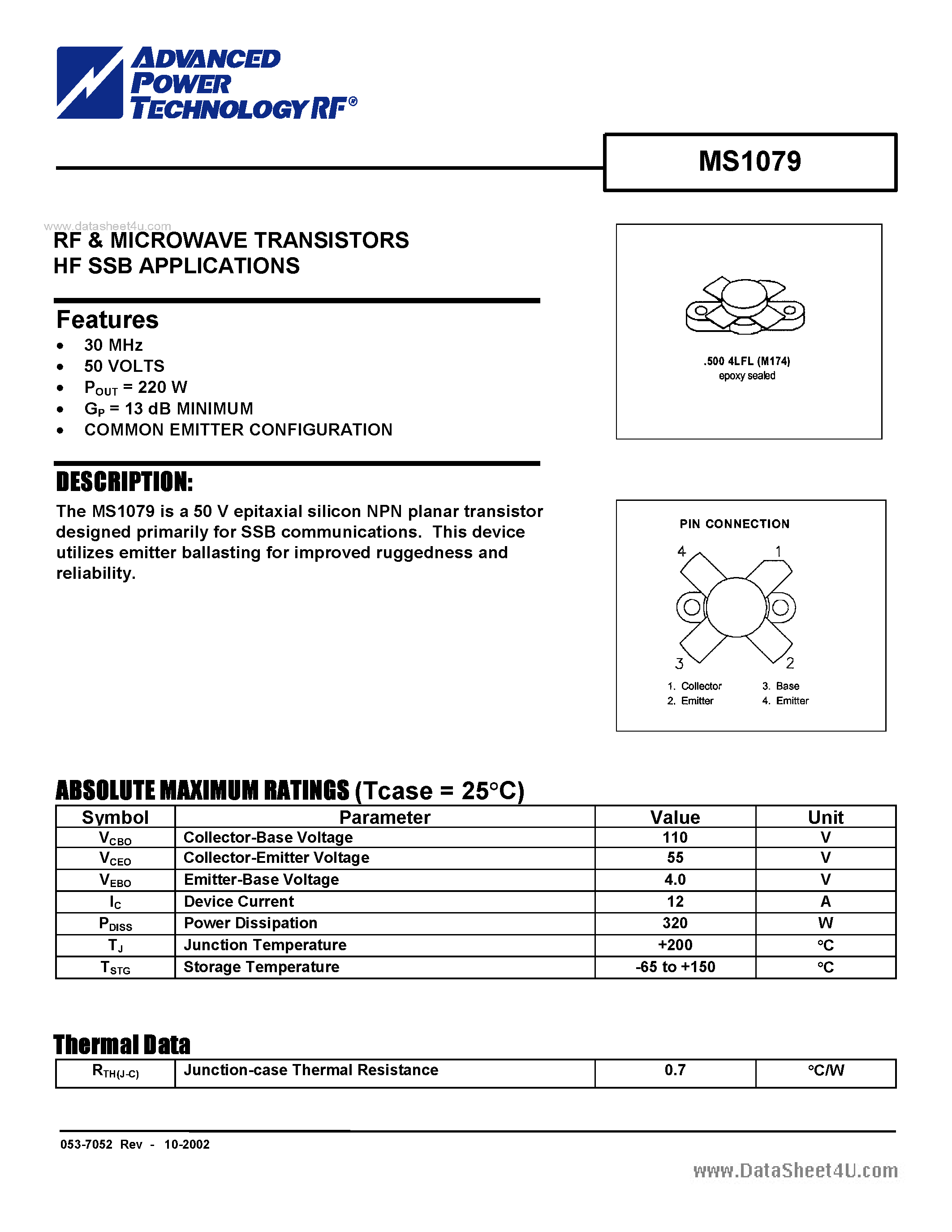Datasheet MS1079 - RF & MICROWAVE TRANSISTORS HF SSB APPLICATIONS page 1