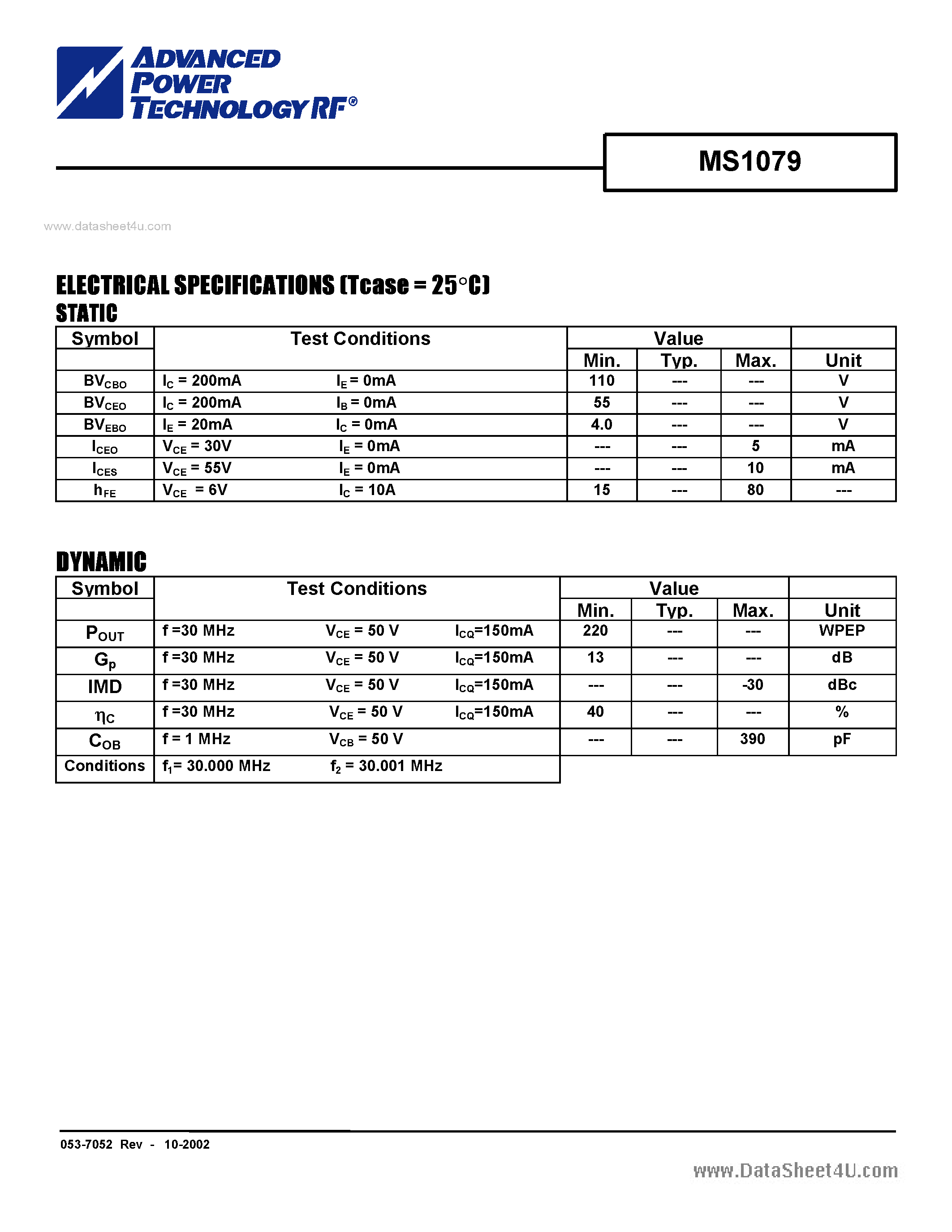 Datasheet MS1079 - RF & MICROWAVE TRANSISTORS HF SSB APPLICATIONS page 2