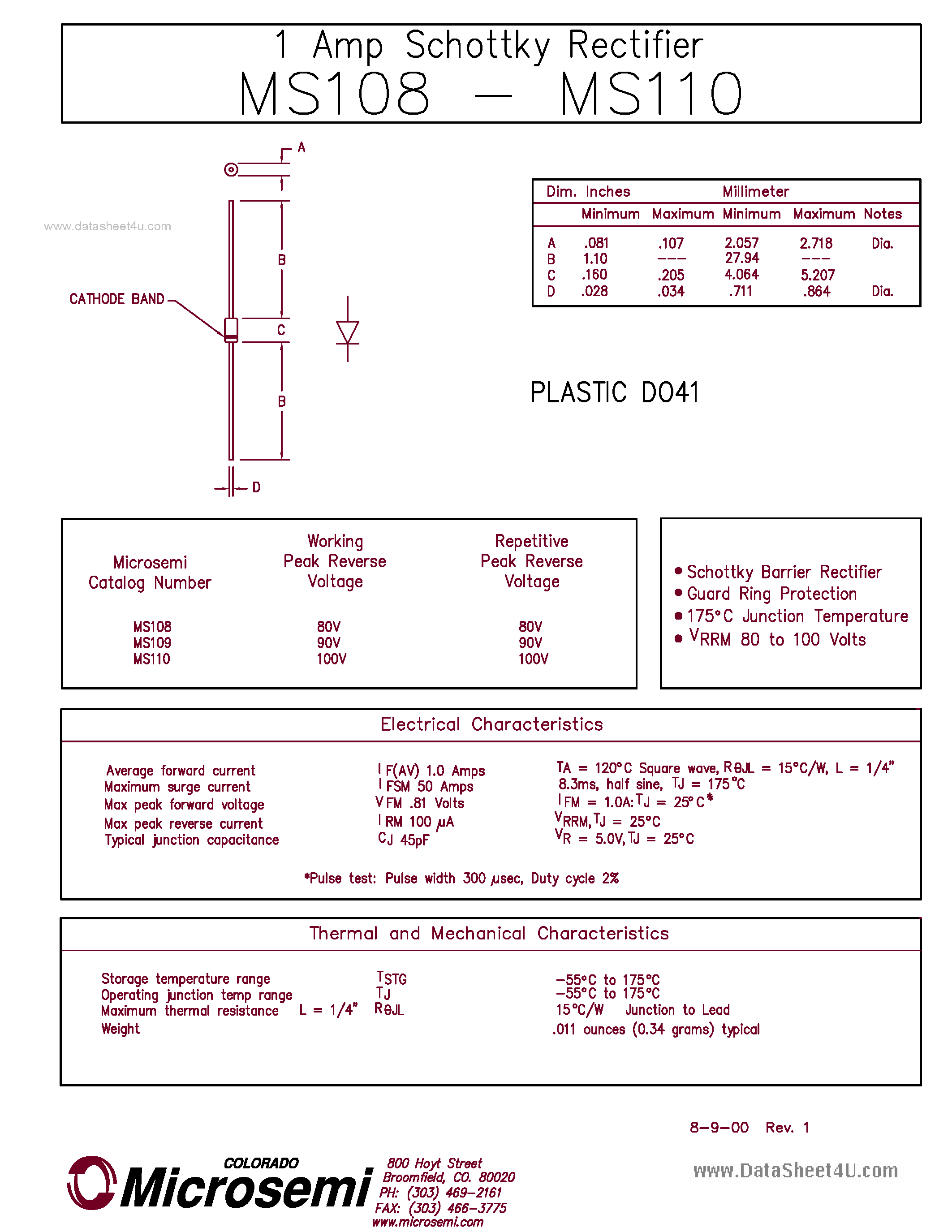 Даташит MS108 - (MS108 - MS110) 1 Amp Schottky Rectifier страница 1