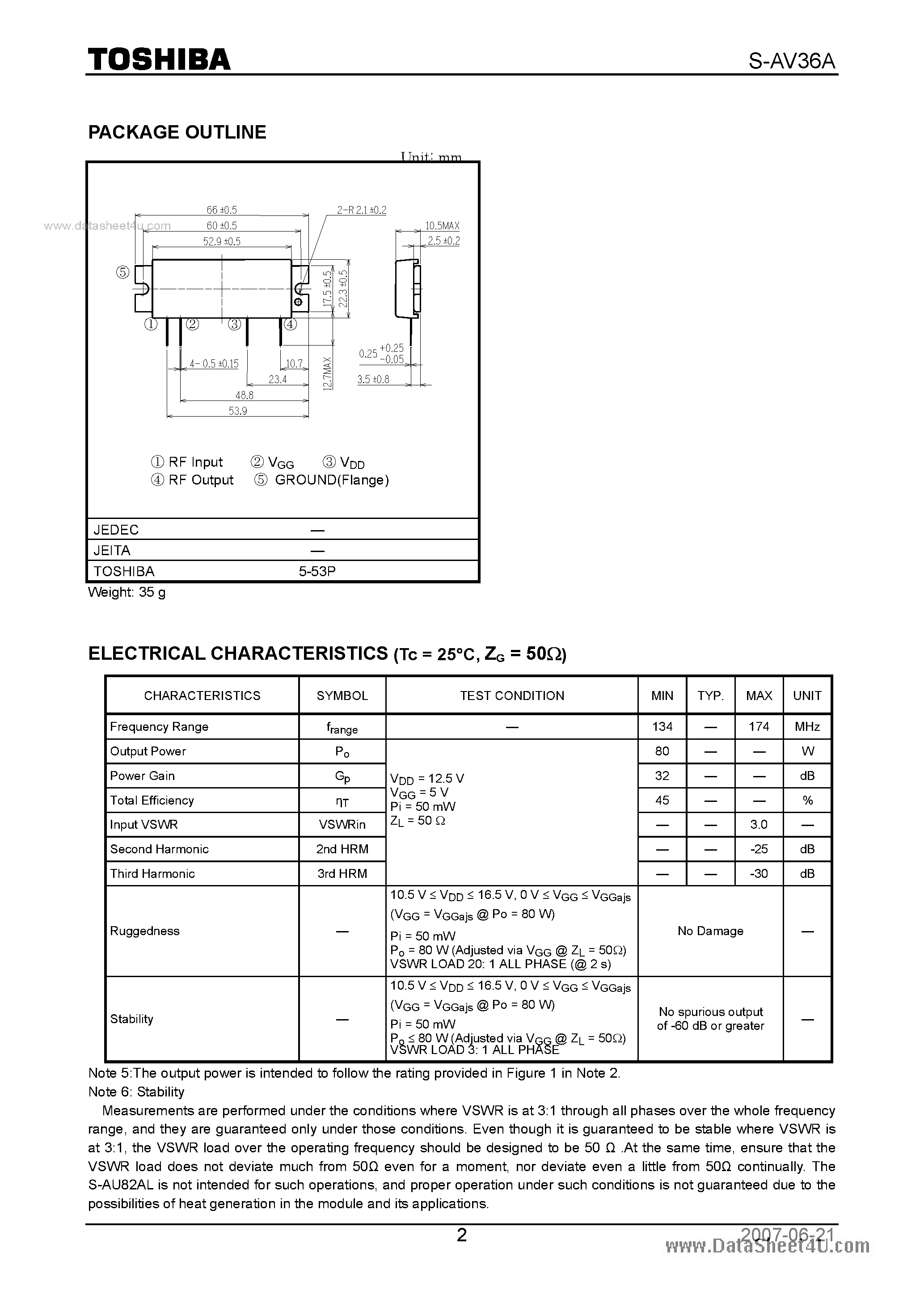 Datasheet S-AV36A - RF POWER AMPLIFIER MODULE FM RF POWER AMPLIFIER MODULE page 2